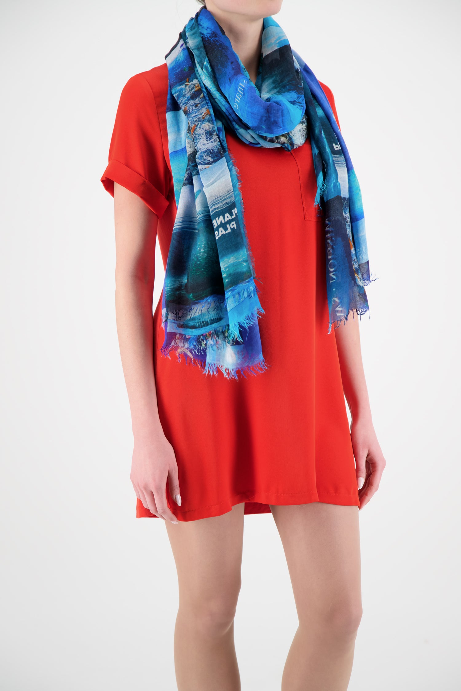 Faliero Sarti Blue Save the Ocean Scarf - Luxury Italian Silk Shawl for Women | Perfect for Beach Outings, Travel & Elegant Occasions