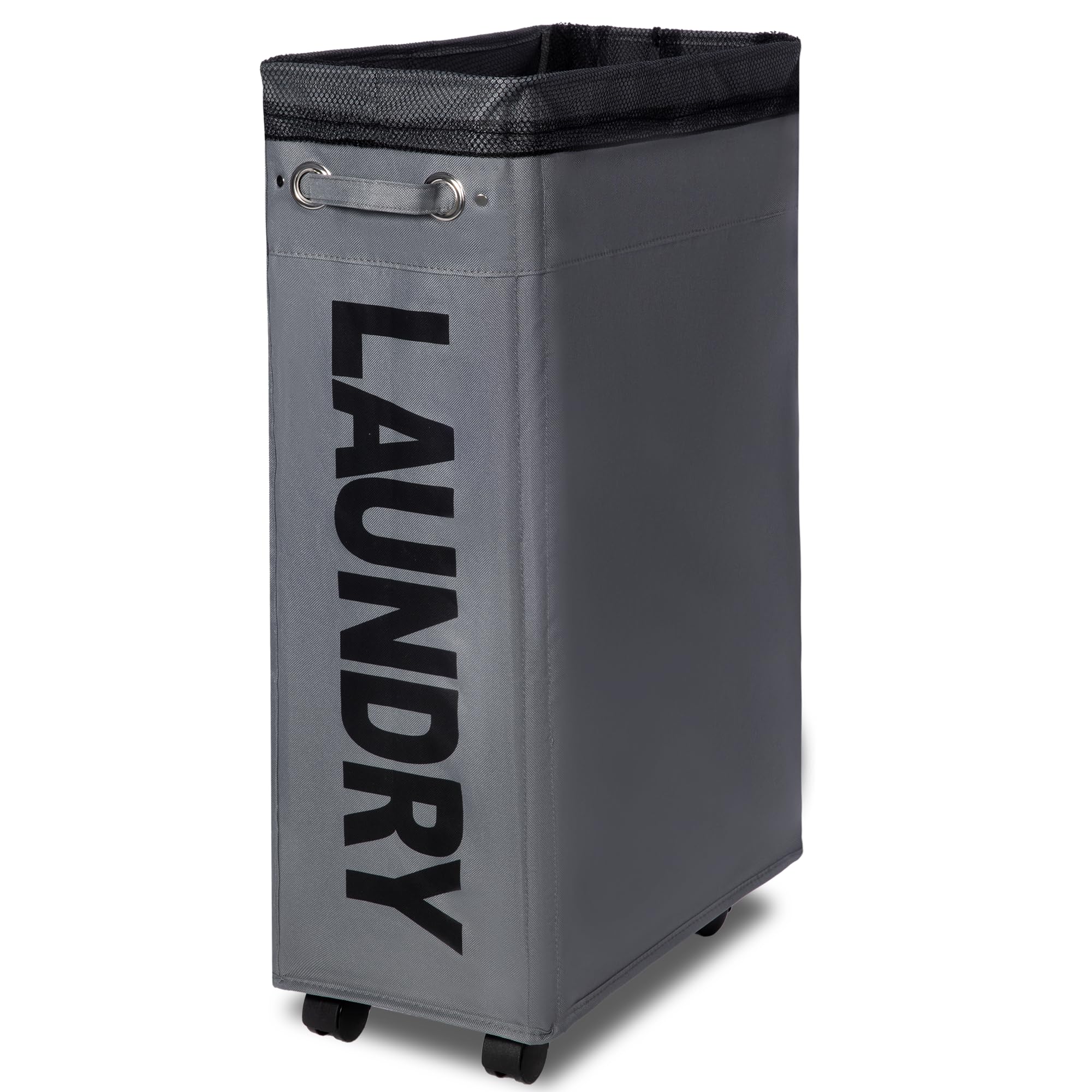TWIRA 26-Inch Slim Rolling Laundry Basket with Wheels - Collapsible Corner Storage Hamper for Dorm, Bedroom & Bathroom - Space Saving Laundry Organizer (Dark Grey) - Perfect for Small Spaces & Apartment Living