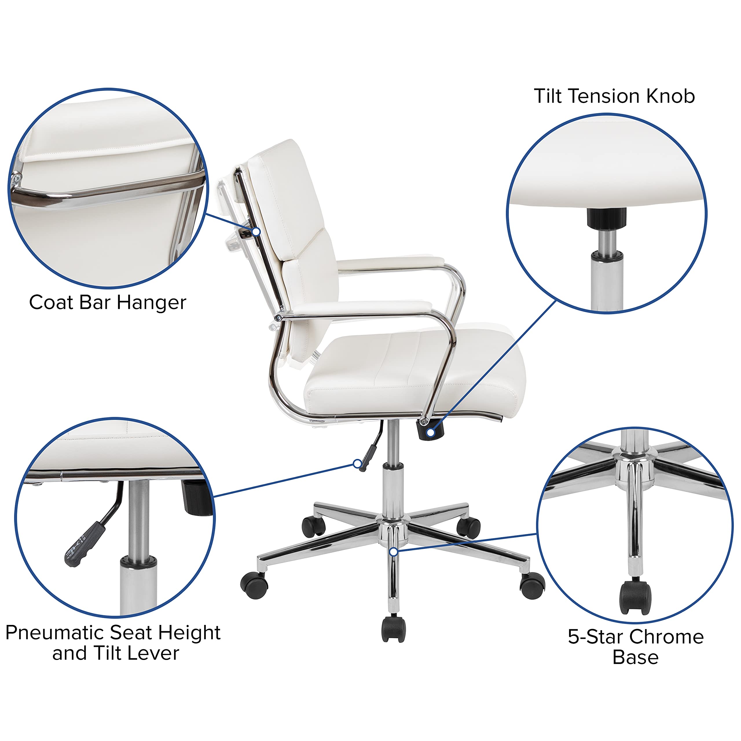 Merrick Lane McEntyre Mid-Back Ergonomic Office Chair - Faux Leather Executive Swivel Desk Chair with Adjustable Height & Padded Arms - Modern Panel Back Design - Perfect for Home Office, Computer Work & Conference Rooms