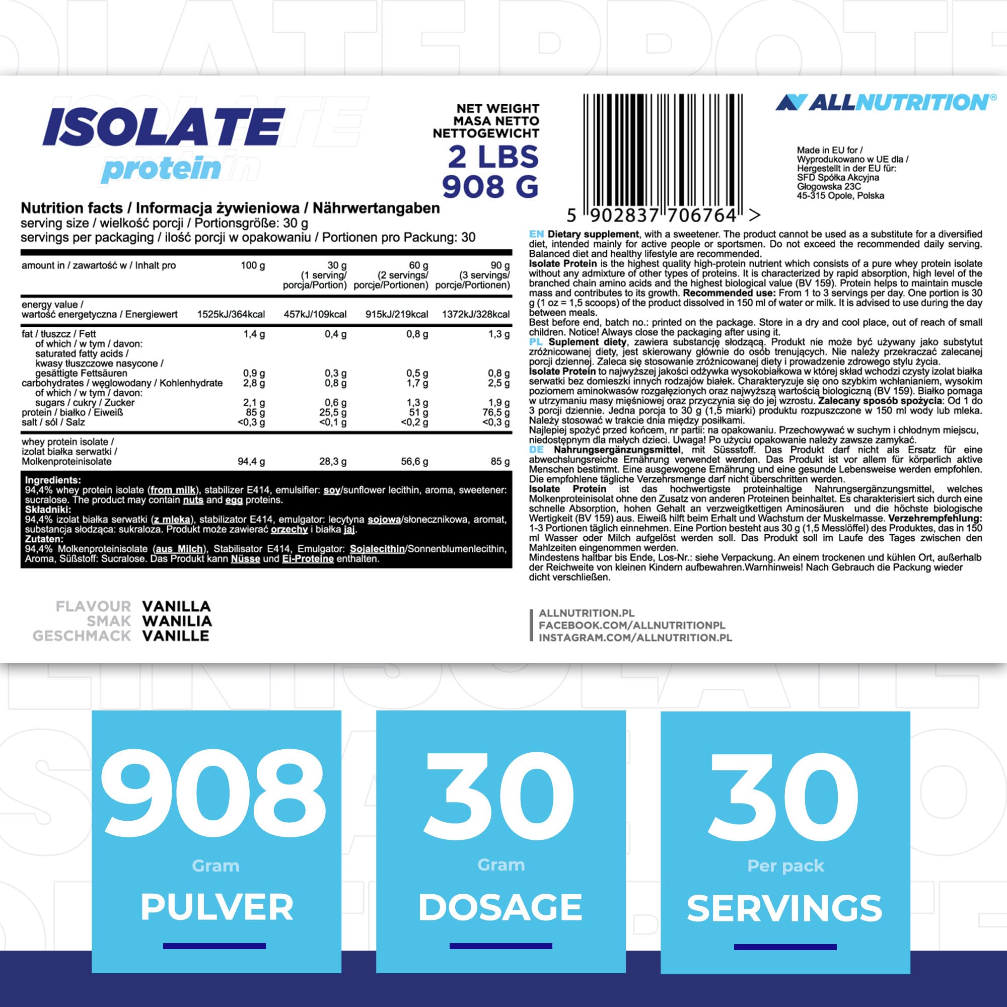 AllNutrition Whey Protein Isolate Powder - Vanilla Flavor, 908g (2 lbs) for Muscle Recovery & Post-Workout Shakes | Gym, Fitness & Bodybuilding Supplement