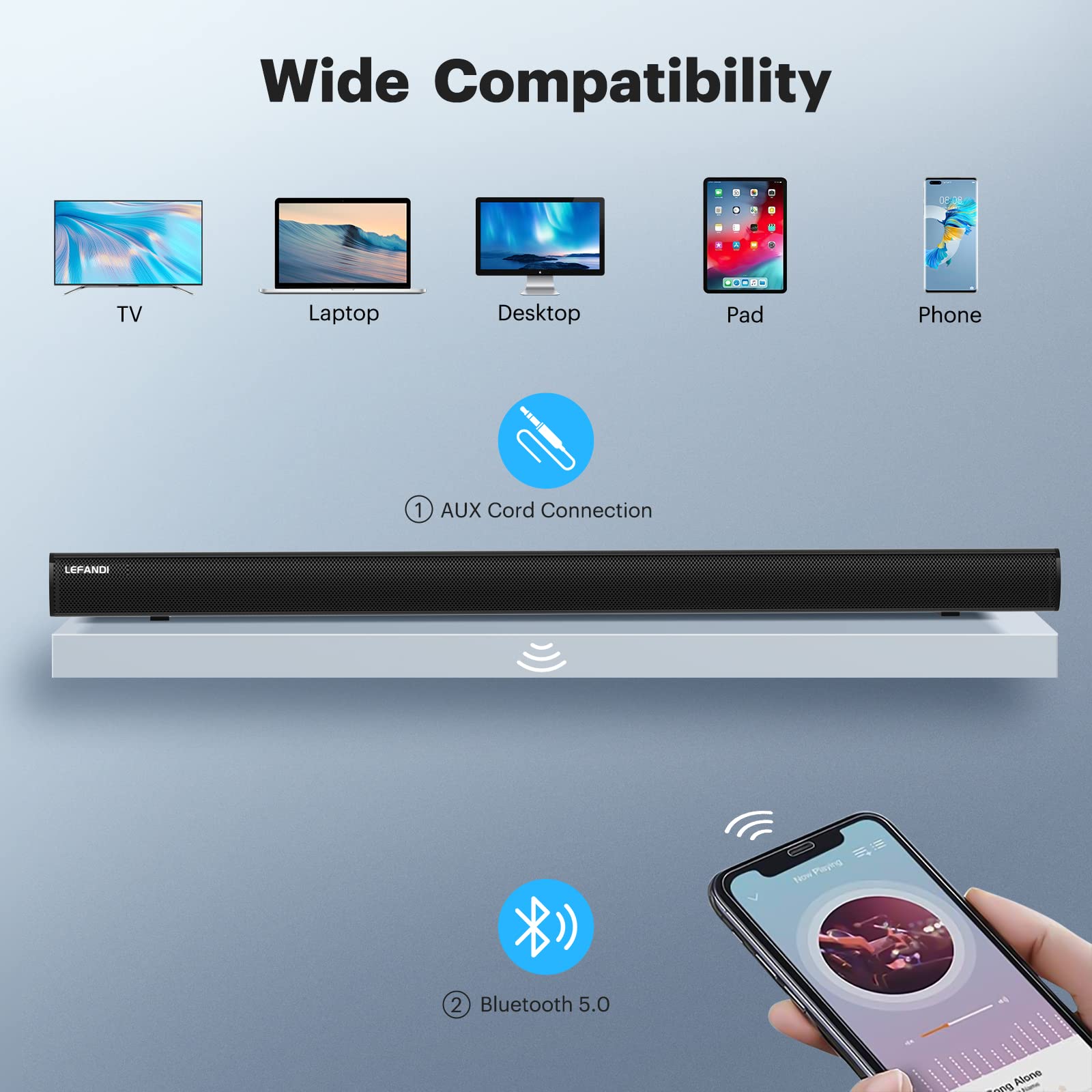 EFANDI 2.1 Channel TV Soundbar with Wireless Bluetooth 5.0 - Surround Sound System with Remote Control, HDMI ARC, AUX, USB, Optical & Coaxial Inputs for Smart TV, PC, Laptop, Smartphone - Perfect for Home Theater, Gaming & Music Streaming (Black)