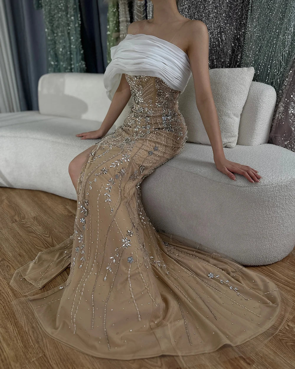 Luxury Dubai Nude One Shoulder Split Saudi Arabic Evening Gown Beaded Dress for Formal Occasion LA72746 - Elegant Formal Wear for Weddings, Galas & Special Events