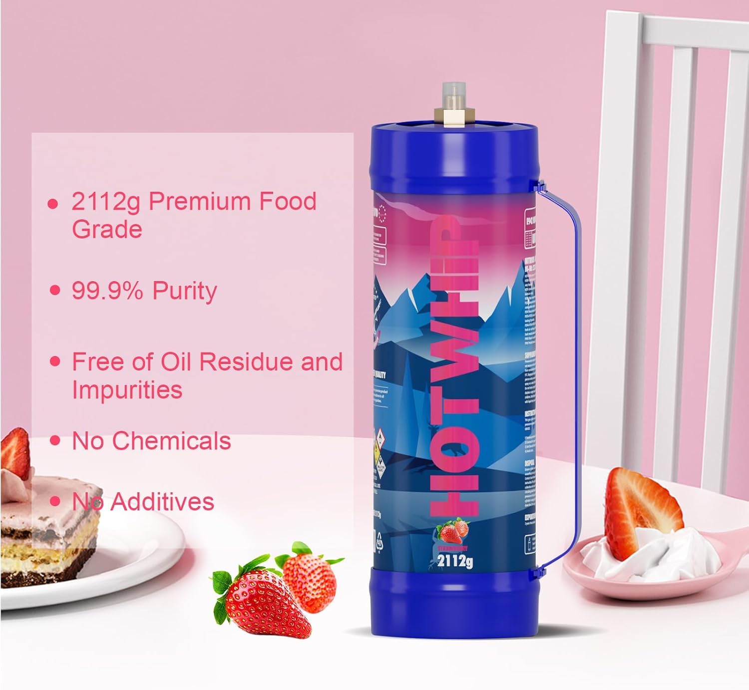 Premium 3.3L Whipped Cream Charger (2112g) - Food Grade Stainless Steel Cylinder with Strawberry Flavor & Nozzle - 2 Pack - Perfect for Desserts, Coffee Toppings & Baking Decorations