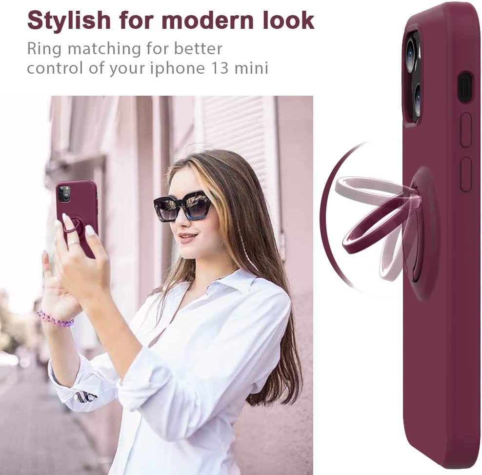MOCCA Compatible iPhone 13 Mini Case with Ring Kickstand - Wine Red | Shockproof Protective Cover for Everyday Use, Work & Travel