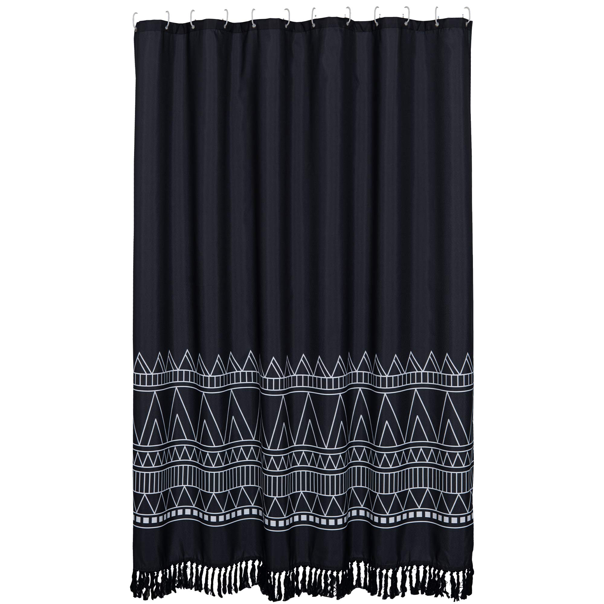 YoKii Black Boho Tassel Shower Curtain 36x72 Inch - Geometric Pattern Bathroom Curtain Set with Hooks - Heavy Weighted Fabric for Spa, Hotel & Home Decor - Waterproof & Stylish Bathroom Accessory for Modern Interior Design