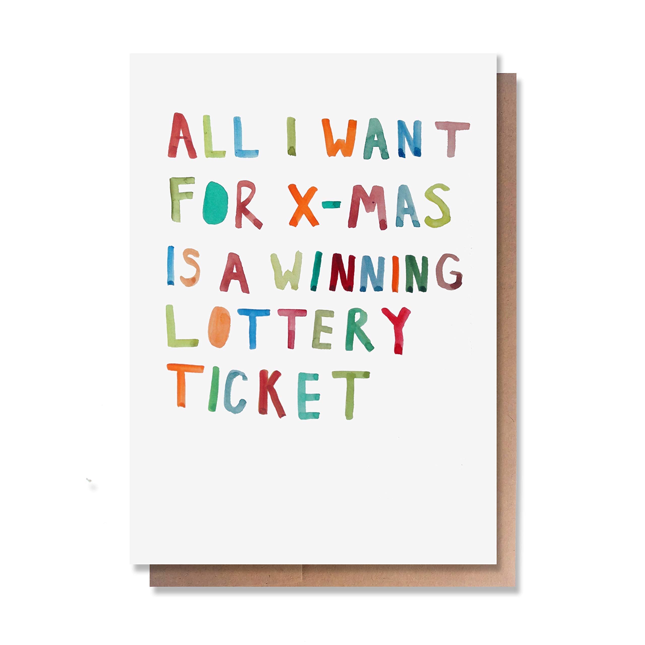 Wunderkid Funny Christmas Card - Watercolor Art Winning Lottery Ticket Design (1 Single Blank Inside Card) - Perfect for Holiday Greetings, Gifts & Office Party Exchanges