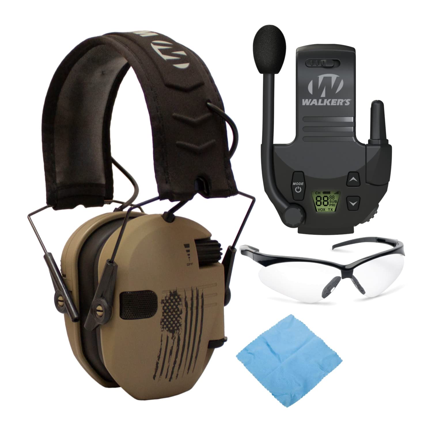 Walker's Razor Slim Electronic Shooting Earmuffs - Noise Cancelling Hearing Protection for Shooting Range & Hunting - Includes Walkie Talkie & Safety Glasses - Perfect for Outdoor Sports & Tactical Training