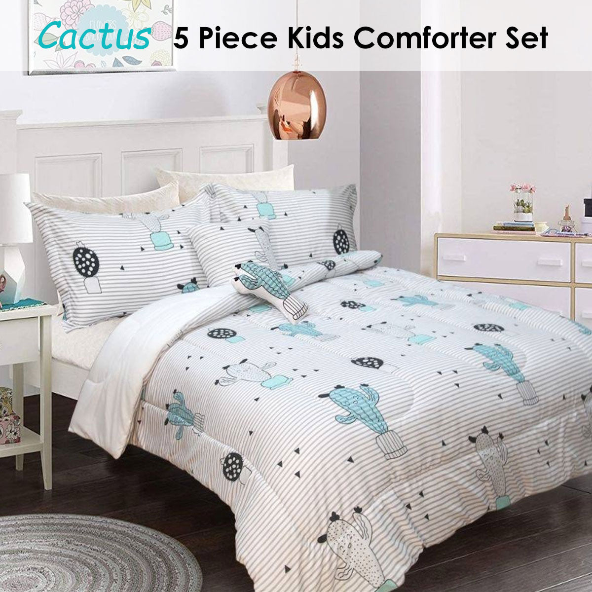 5-Piece Kids Comforter Set with Cactus Design - Soft Single Bedding for Boys & Girls | Perfect for Nursery, Toddler Room & Sleepovers