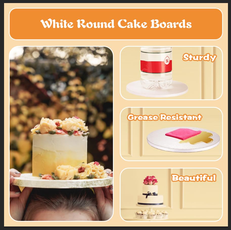 14 Inch Round White Cake Drums (6-Pack) - 1/2 Inch Thick Sturdy & Greaseproof Cake Boards with Banner Topper for Birthday, Wedding & Multi-Tiered Cakes | Perfect for Professional Baking, Party Decorations & Dessert Displays by GoldenBakeryFamily
