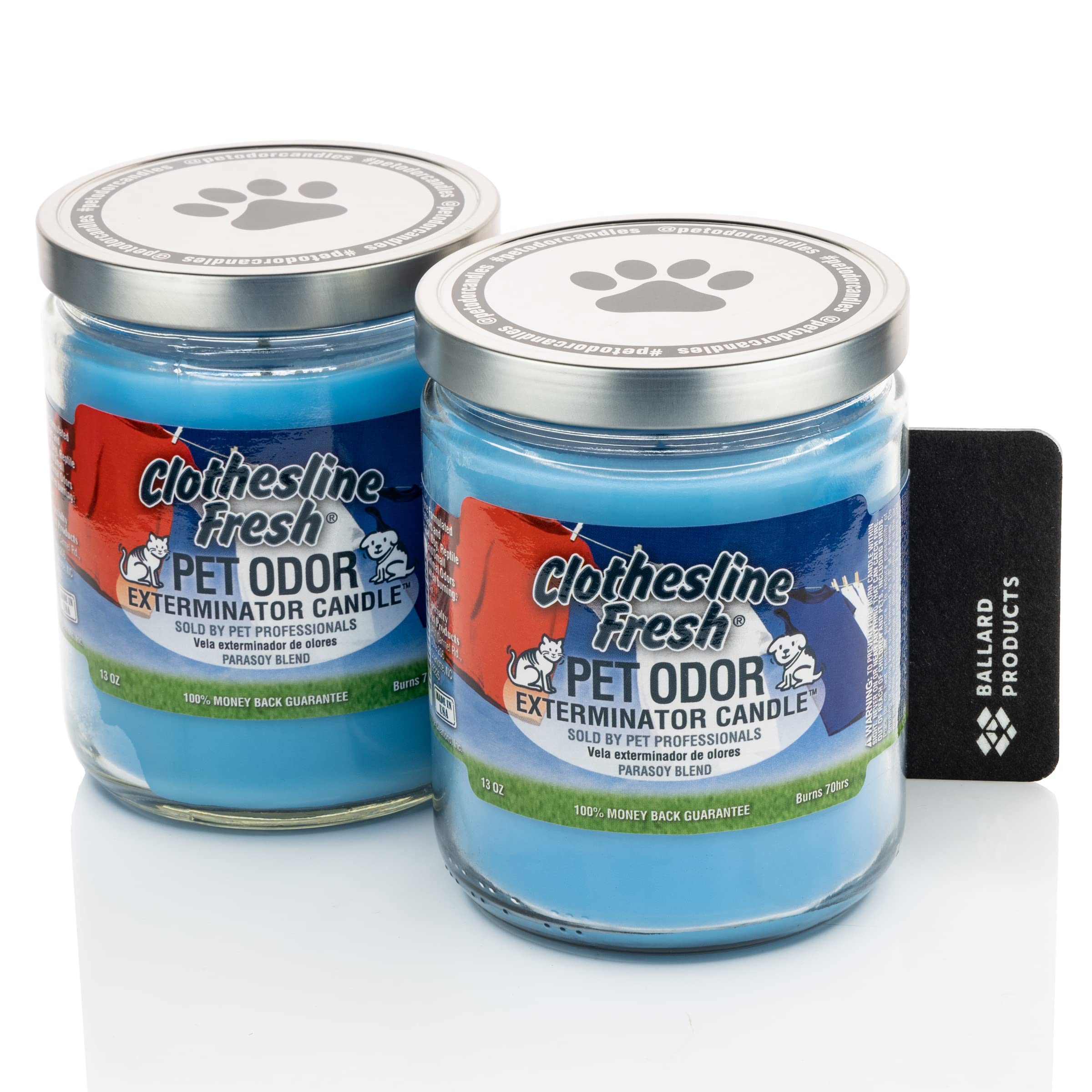 Pet Odor Eliminator Scented Candle - Fresh Clothesline Scent, Pack of 2 - Odor Neutralizing Candle for Home & Car - Bundle with Ballard Products Car Air Freshener | Perfect for Living Rooms, Bedrooms & Vehicles