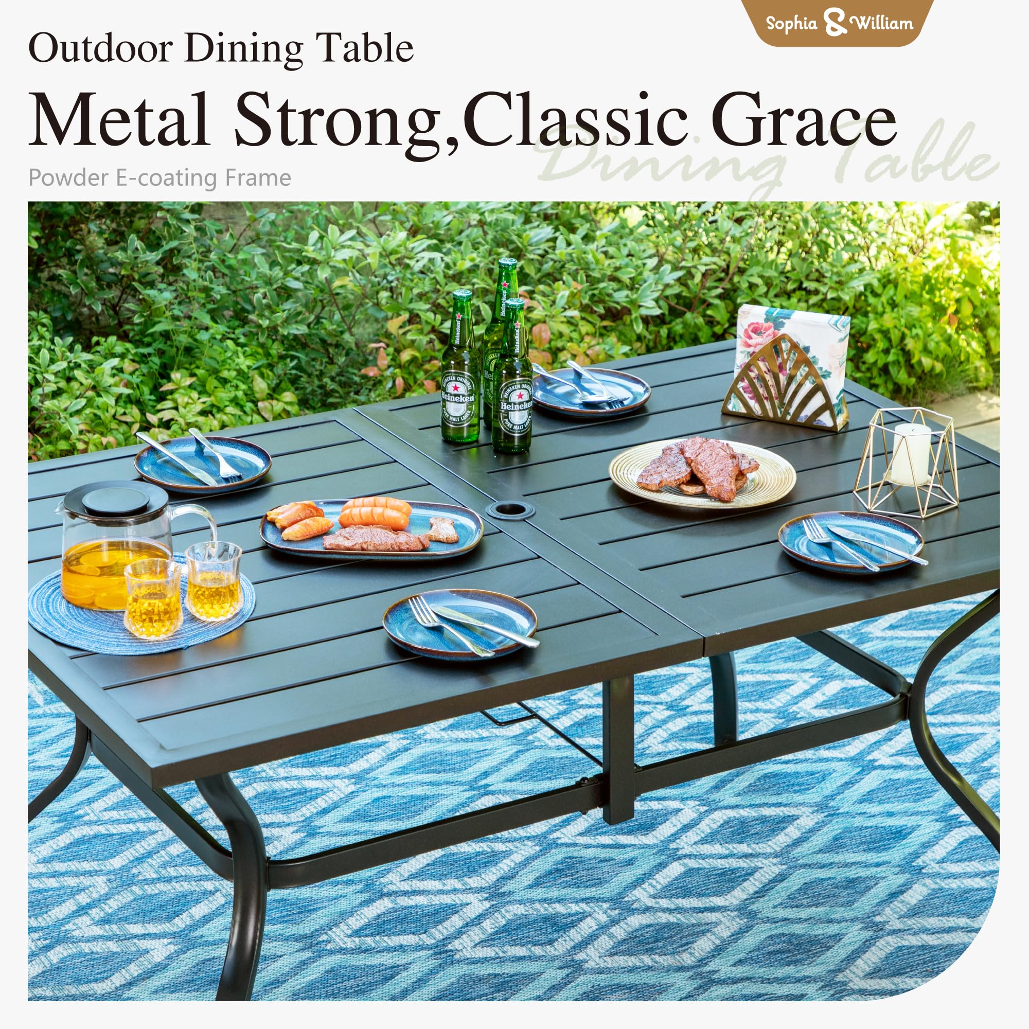 Sophia & William 8-Piece Metal Outdoor Dining Set with 6 Chairs, Rectangular Table & 13ft Double-Sided Patio Umbrella - Orange Red - Perfect for Backyard BBQs, Poolside Gatherings & Garden Parties