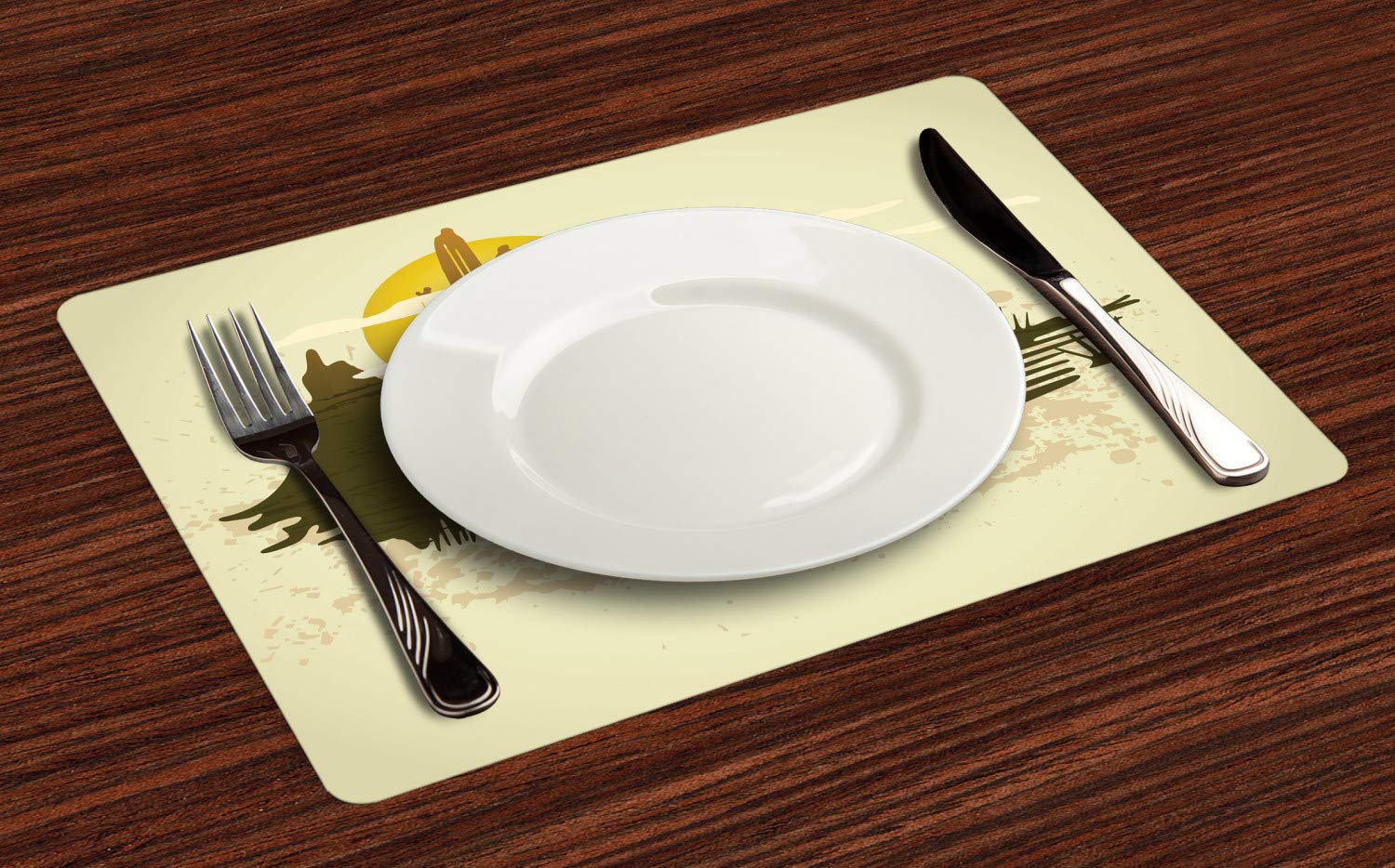 Ambesonne Arizona Place Mats Set of 4 - Grunge Dramatic Landscape with Saguaro & Sun - Washable Fabric Placemats for Dining Room & Kitchen Table Decor - Grey Yellow Earth Tones - Perfect for Southwestern & Rustic Home Decor