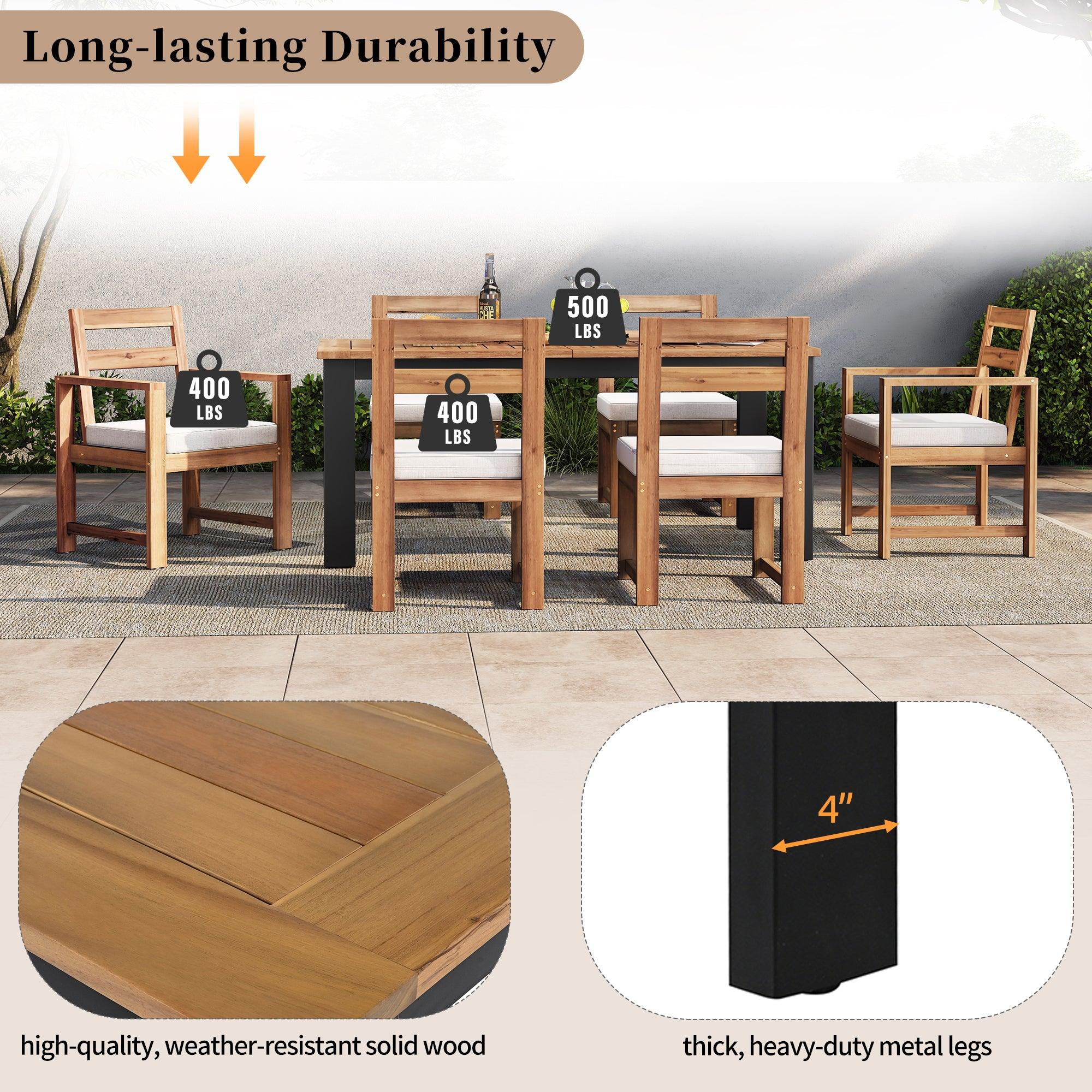 7-Piece Outdoor Patio Dining Set - Wooden Table with Umbrella Hole & 6 Chairs (2 Armchairs + 4 Side Chairs) for Garden, Backyard, Poolside - Perfect for BBQs, Family Gatherings & Outdoor Entertaining