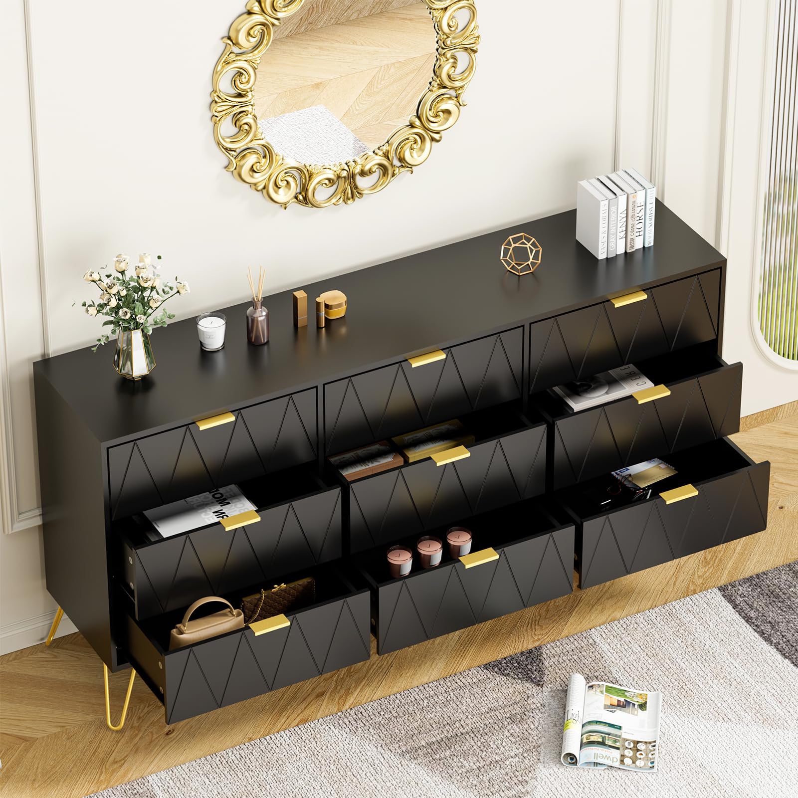 Anbuy 9-Drawer Dresser and Nightstand Set for Bedroom - 3-Piece Furniture Combo with 2 Nightstands & 9-Drawer Chest (Black) - Perfect for Master Bedroom, Guest Room, and Apartment Storage Solutions