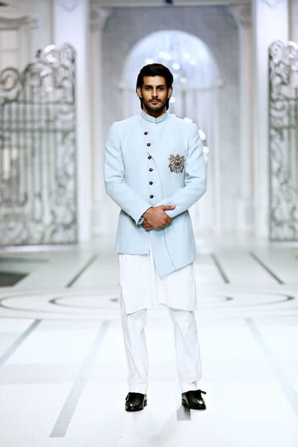 Ice Blue Asymmetric Linen Prince Jacket for Men - Lightweight Summer Blazer with Unique Design - Perfect for Weddings, Parties, and Casual Outings