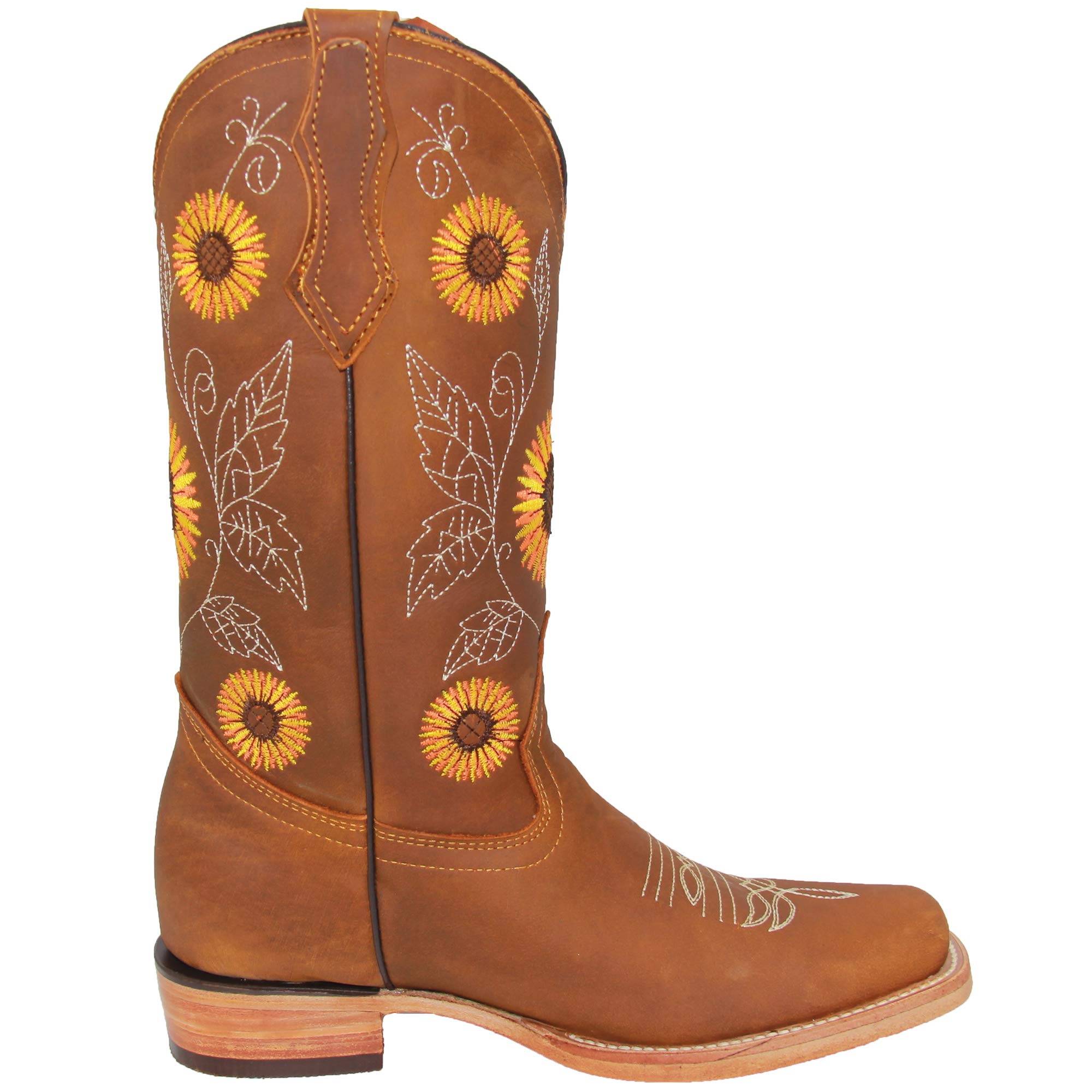 **Women's Western Cowboy Boots - Square Toe Leather Boots with Sunflower Embroidery | Country Style, Rodeo, Line Dancing & Casual Wear**