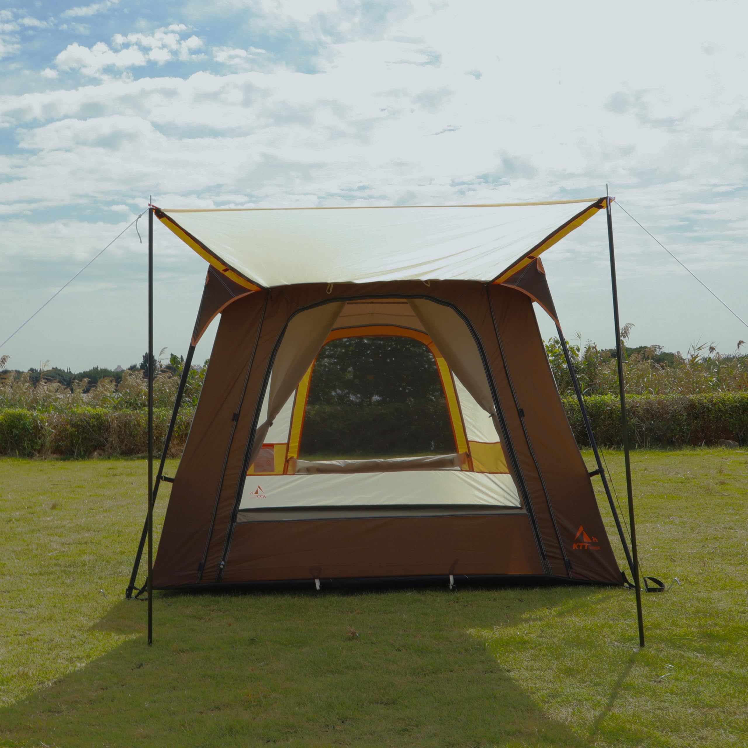 KTT Large Family Camping Tent for 6-8 Person, Waterproof Straight Wall Cabin Tent with 3 Doors & 3 Mesh Windows - Perfect for Outdoor Adventures, Picnics, Family Gatherings & Backyard Camping
