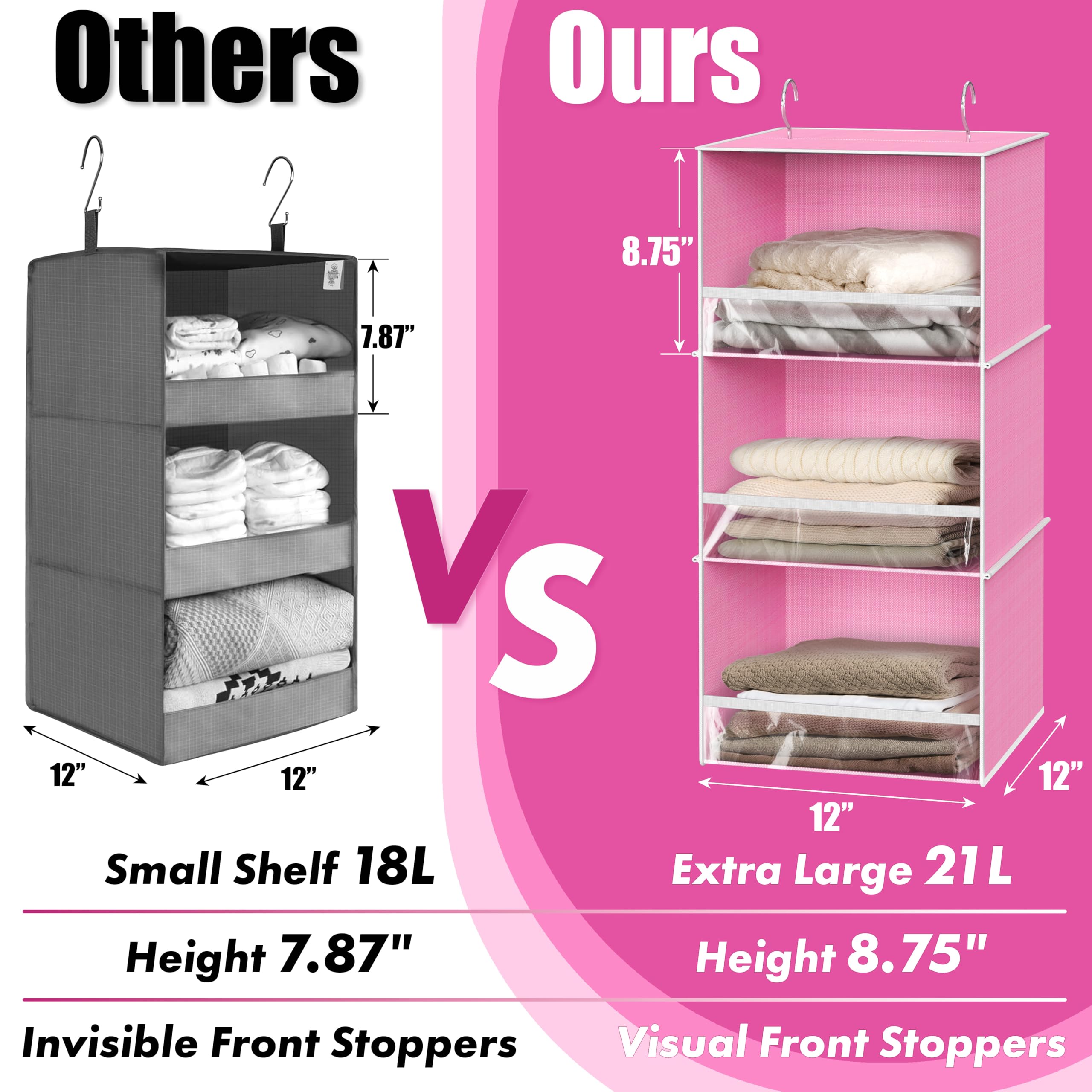 Simple Houseware 3-Tier Hanging Closet Organizer with Front Stopper - Space Saving Storage for Clothes, Shoes & Accessories - Perfect for Bedroom, Closet & Dorm Organization (Pink)