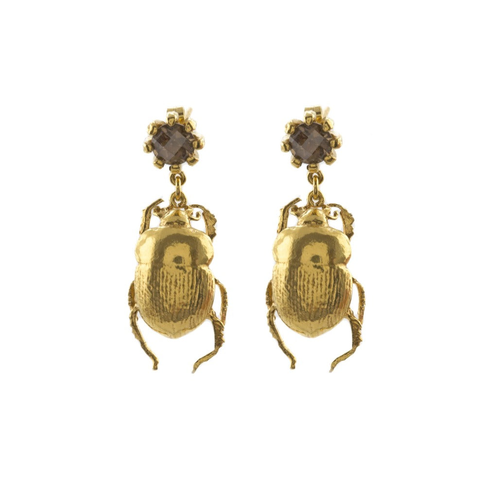 D'or Beetle & Smoky Quartz Drop Earrings for Women - Handmade Bohemian Jewelry - Perfect for Parties, Weddings & Special Occasions