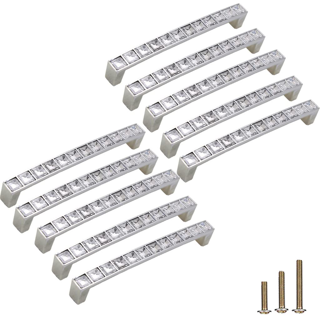 10 Pack Large U-Shaped Diamond Crystal Glass Cabinet Knobs - Modern Shiny Drawer Pulls for Cupboard, Wardrobe & Dresser (5