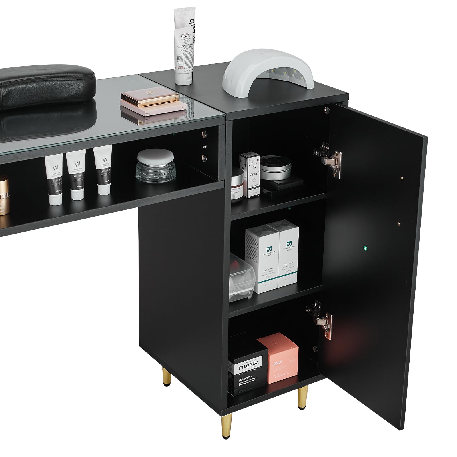 VEVOR Professional Manicure Table with Glass Top & Storage Cabinets - Acetone-Resistant Nail Tech Desk for Salon & Spa - Beauty Workstation with Wrist Rest & 8 Metal Legs (Black) - Perfect for Nail Artists, Makeup Application & Salon Professionals