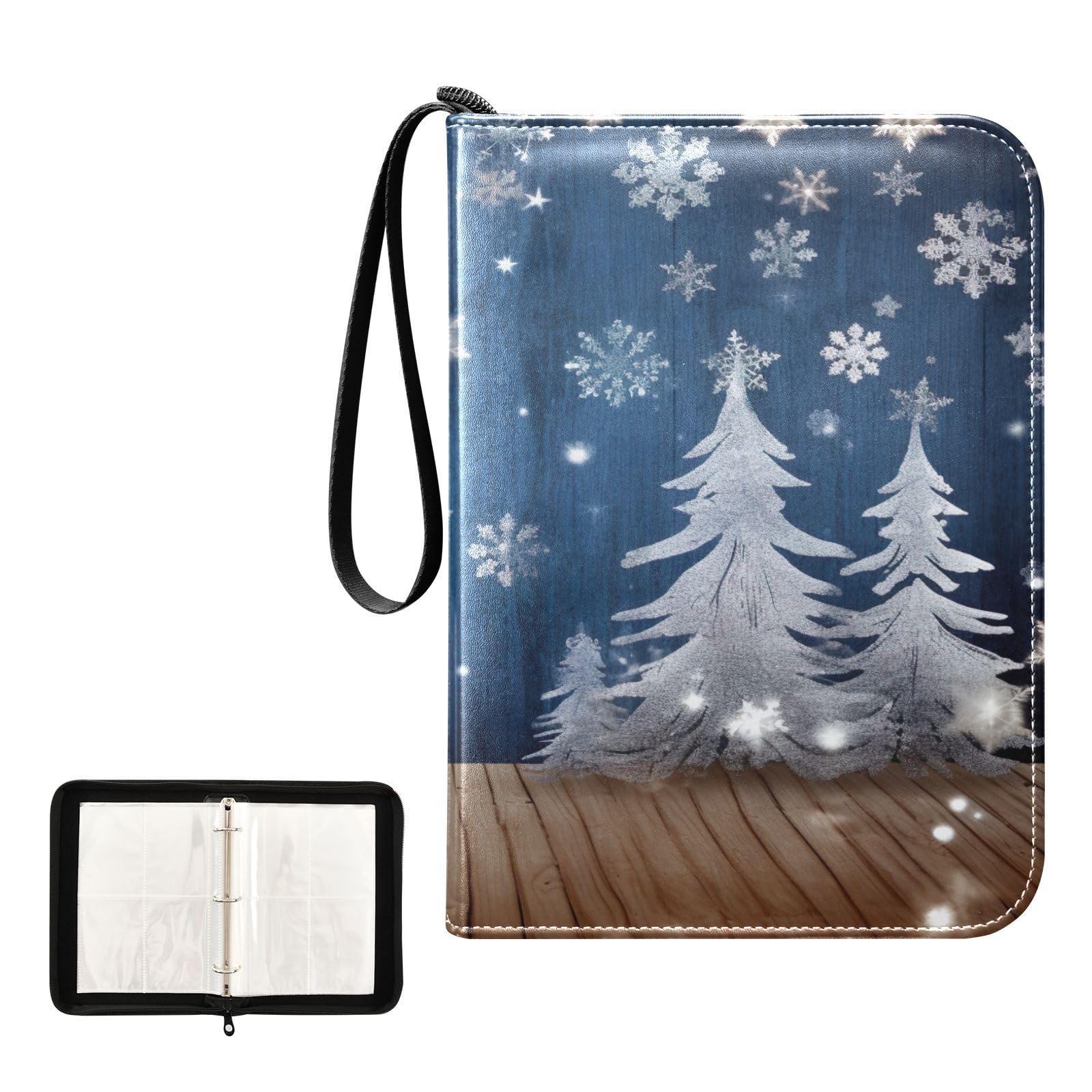 Winter Snowflake Christmas Tree 4-Pocket Trading Card Binder Book - Holds 400 Cards with 50 Sleeves & 3-Ring Design - Perfect for Football, Pokemon, MTG, and Sports Card Collectors (Great for Holiday Gifts & Card Game Storage)