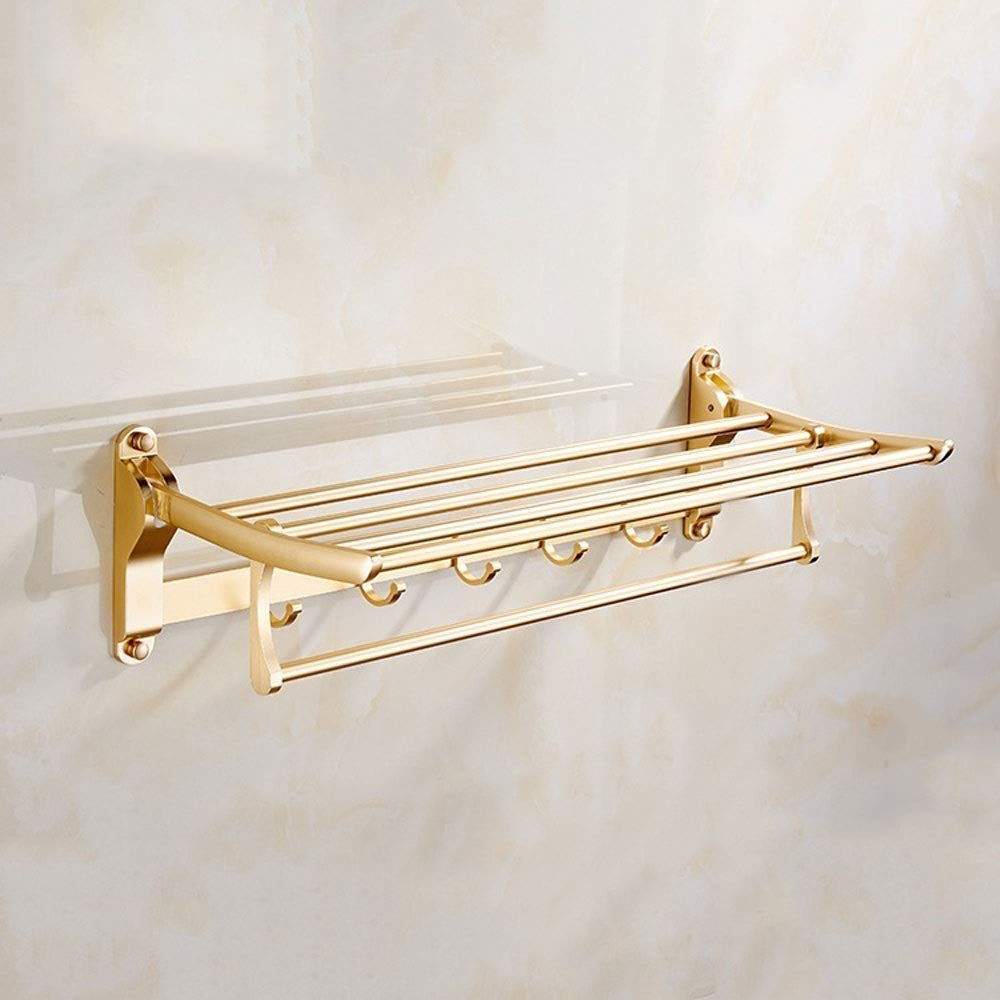 Foldable Towel Rack - Multi-Function Bathroom Shelf & Shower Towel Holder, Space-Saving Aluminum Wall Mounted Double Layer Organizer, No Nail Glue or Punching Installation (Gold) - Perfect for Small Bathrooms, Apartments & Dorm Rooms
