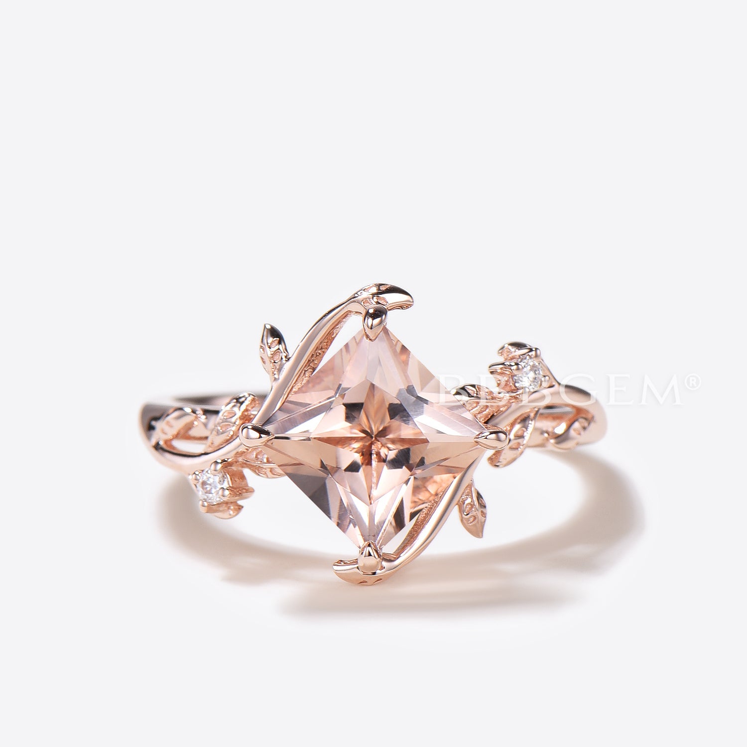 Princess Cut Morganite Leaf Engagement Ring with Diamond Accents - Nature Inspired Bridal Jewelry Set for Wedding, Proposal & Anniversary Gifts