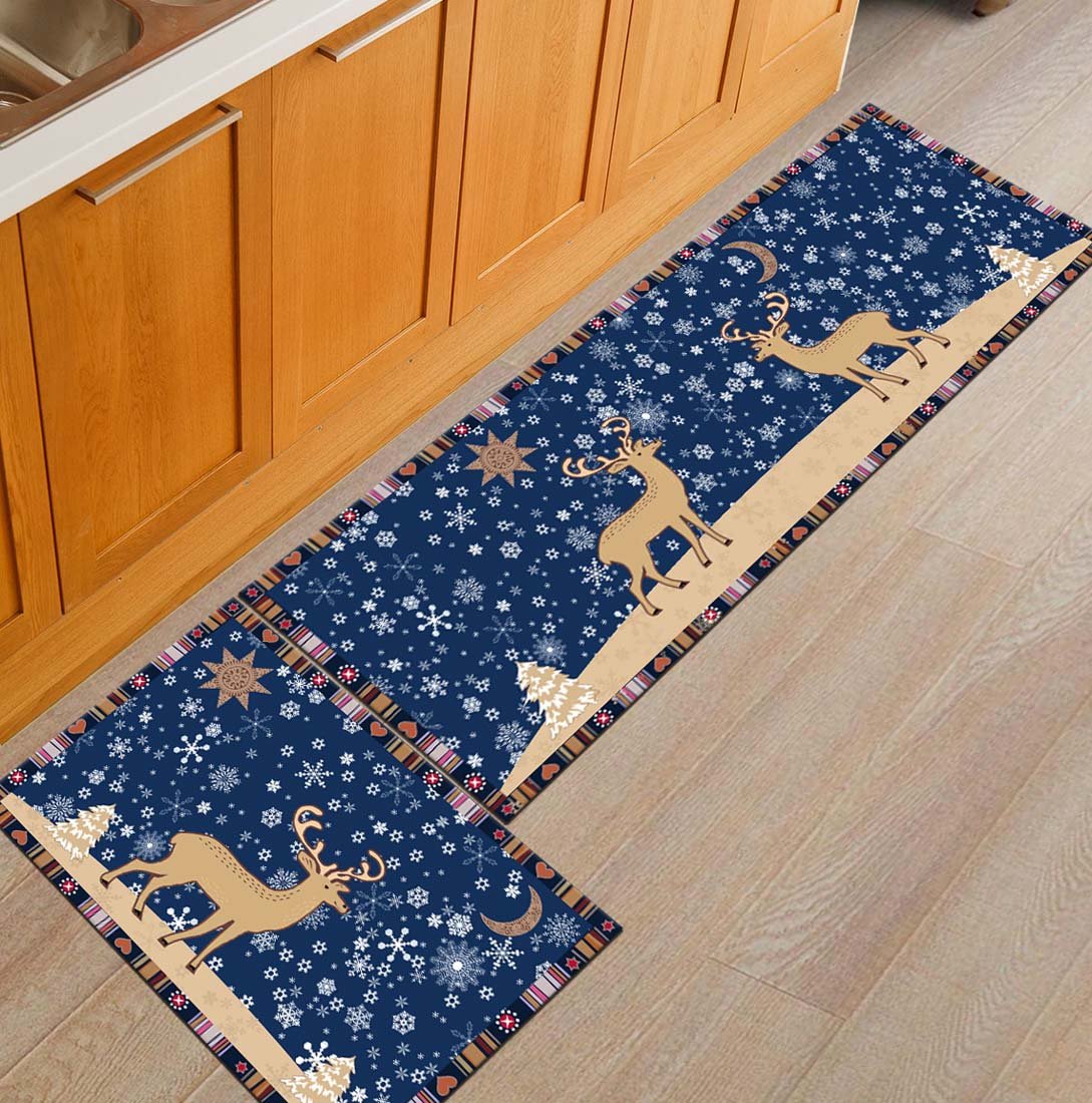 Non-Slip Kitchen Mats and Rugs - Christmas Reindeer Snowflakes Blue Indoor Floor Runner | Absorbent Low-Profile Design for Home, Bathroom, Bedroom | Perfect for Holiday Decor & Wet Areas