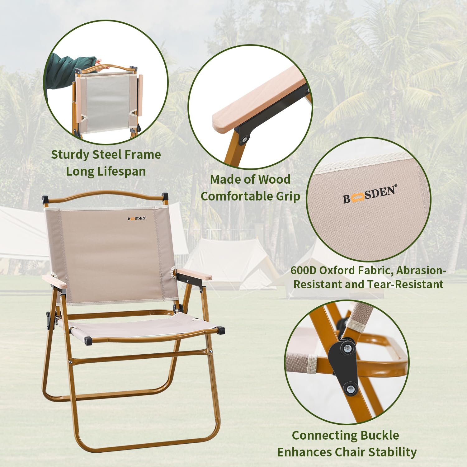BOOSDEN Portable Folding Camping Chair - Ultralight Outdoor Beach Chair with Wooden Handle for Picnic, Travel, Hiking & Fishing - Supports 330Lbs (2 Pack) | Perfect for Backyard BBQs, Beach Trips, Camping Adventures and Outdoor Concerts