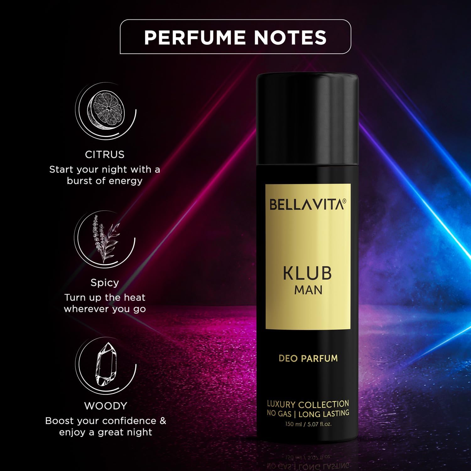 KLUB Men's No Gas Body Deodorant & Cologne - Long Lasting Fragrance with Lemon, Rose & Vanilla Notes | 150ml Musk & Spicy Scent | Perfect for Work, Gym & Everyday Freshness