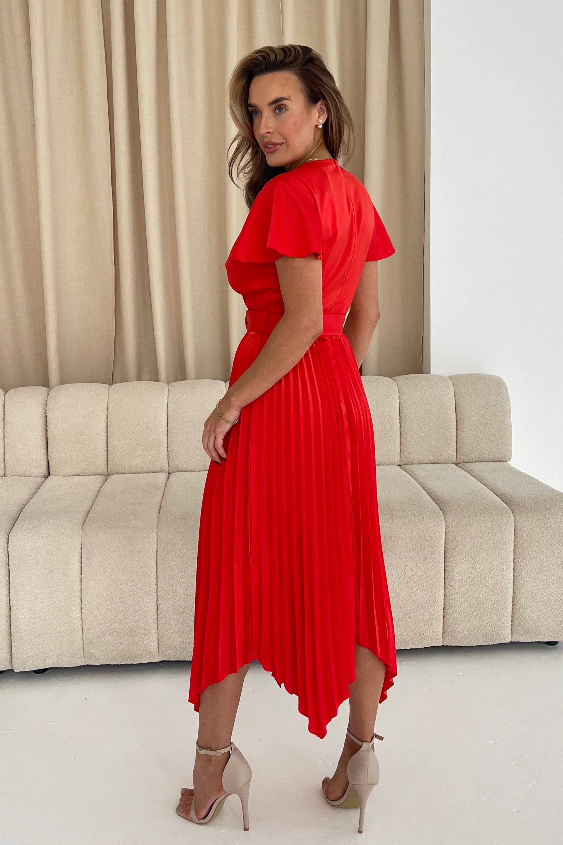 Brooklyn Asymmetric Pleated Midi Dress for Women - Flowy Red Party Dress with Side Slit, Perfect for Cocktail Parties, Date Nights & Special Occasions