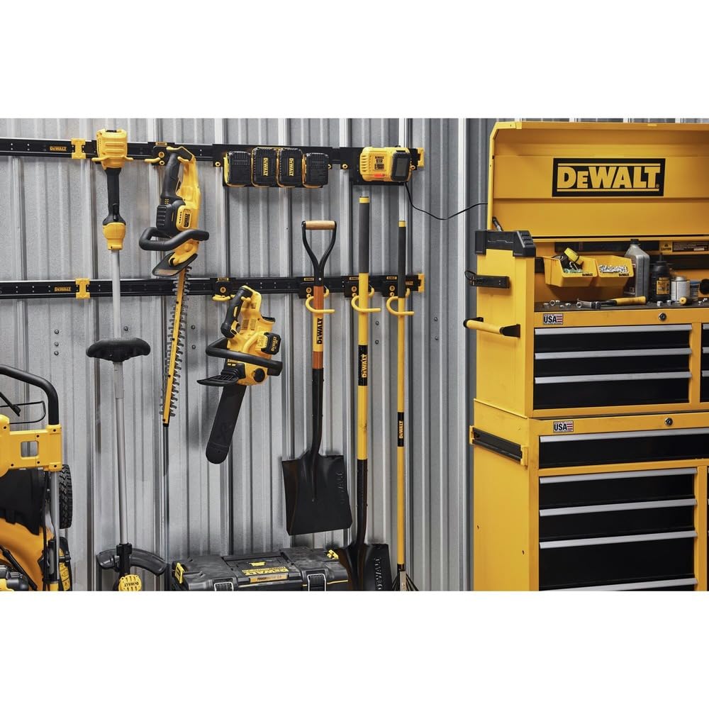 DEWALT Tool Organizer Wall Mount Kit - Heavy Duty Workshop Storage System with Hooks, 2 Metal Rails, Charger Mount & Magnetic Power Strip | Perfect for Lawn & Garden Tools, Power Tool Storage & Garage Organization (Model DWST82826)
