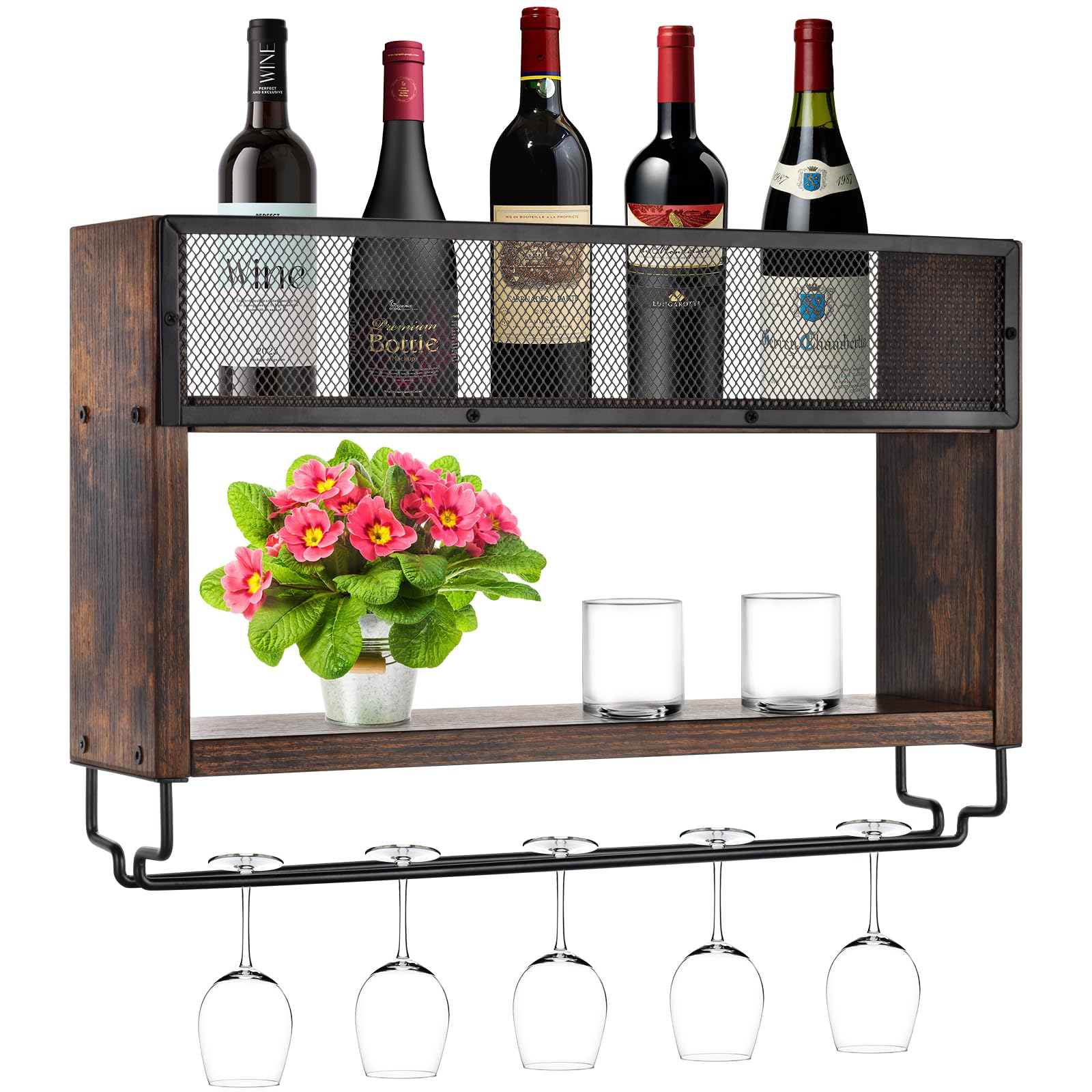 Brown Wooden Wall Mounted Wine Rack with Glass Holder - Space Saving Wine Storage for Kitchen, Dining Room & Home Bar - Perfect for Wine Enthusiasts & Entertaining Guests