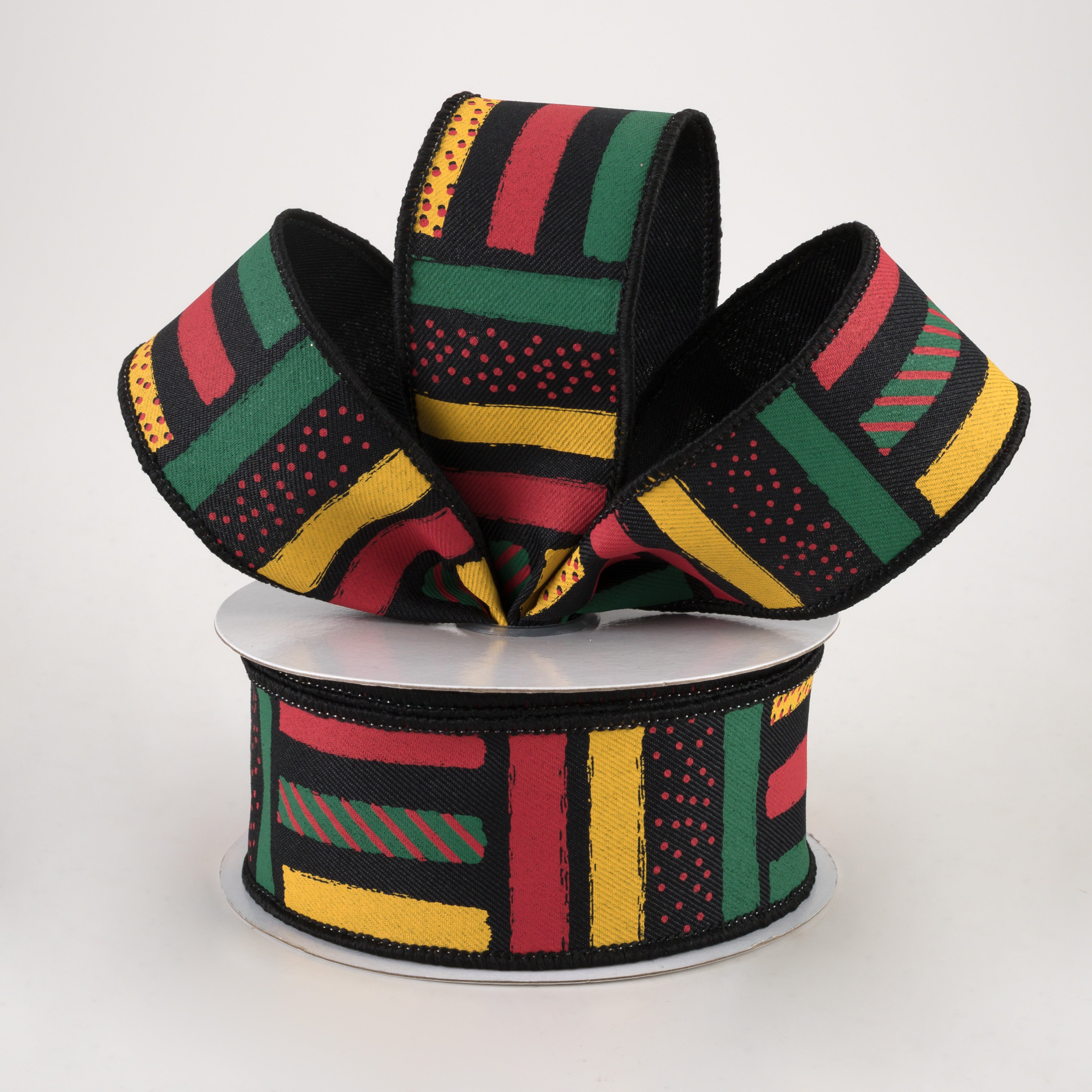 1.5 Inch Brush Stroke Stripes & Dots Ribbon - Black, Red, Green, Yellow (10 Yards) - Perfect for Gift Wrapping, Scrapbooking & DIY Crafts