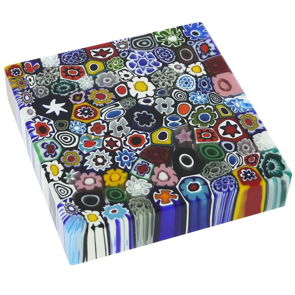 Hand Blown Murano Glass Millefiori Square Paperweight 4 Inch - Venetian Collectible Decor for Home & Office - Perfect as Bookend, Desk Accessory or Gift for Art Lovers