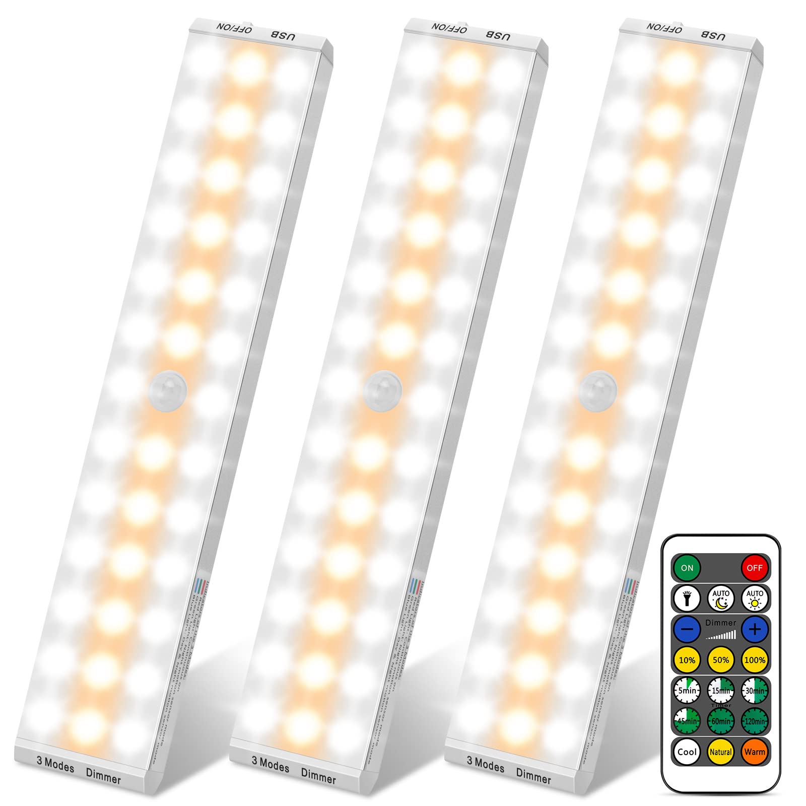 Alivation 38 LED Closet Lights - Wireless Battery Operated Under Cabinet Lighting with Remote, 1500mAh USB Rechargeable Motion Sensor Light (Dimmable, 3-Pack) - Perfect for Closets, Kitchens, Pantries & Wardrobes