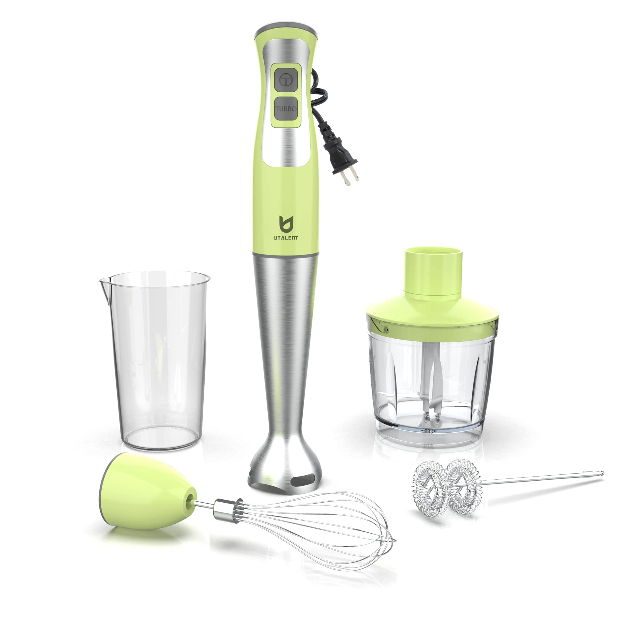 UTALENT 5-in-1 Immersion Hand Blender with 8 Speed Settings | 500ml BPA-Free Food Grinder & 600ml Container | Includes Milk Frother & Egg Whisk | Perfect for Pureeing Baby Food, Making Smoothies, Sauces & Soups | Ideal for Kitchen, Baby Care & Healthy Cooking - Green