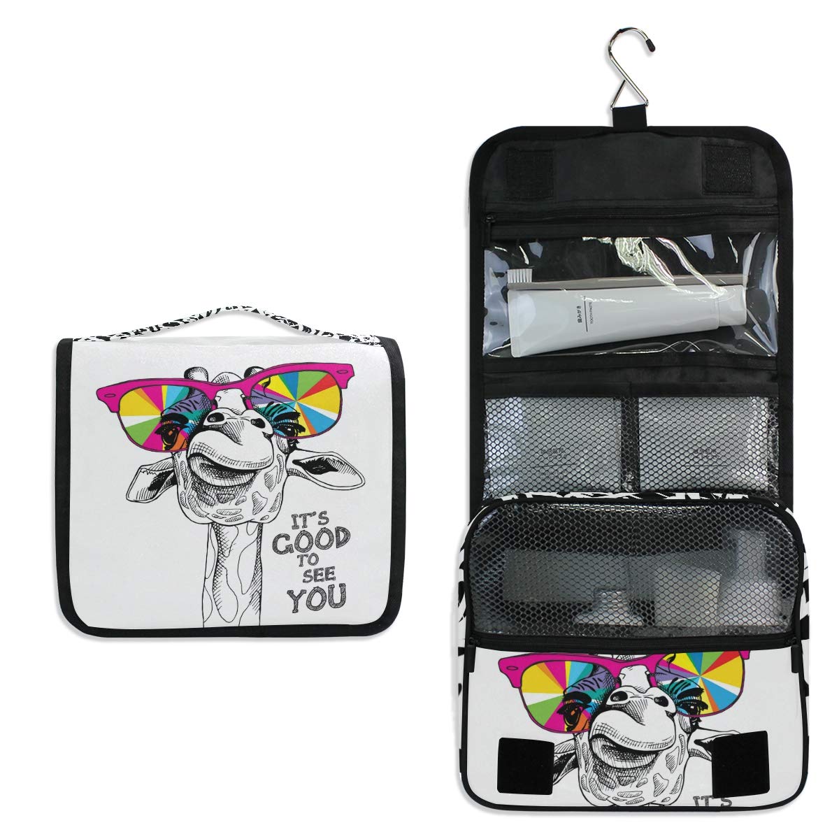 MOYYO Giraffe Print Waterproof Hanging Toiletry Bag - Travel Cosmetic Organizer for Women & Men, Portable Shower Pouch for Makeup, Toiletries & Essentials - Perfect for Vacation, Camping & Gym Use