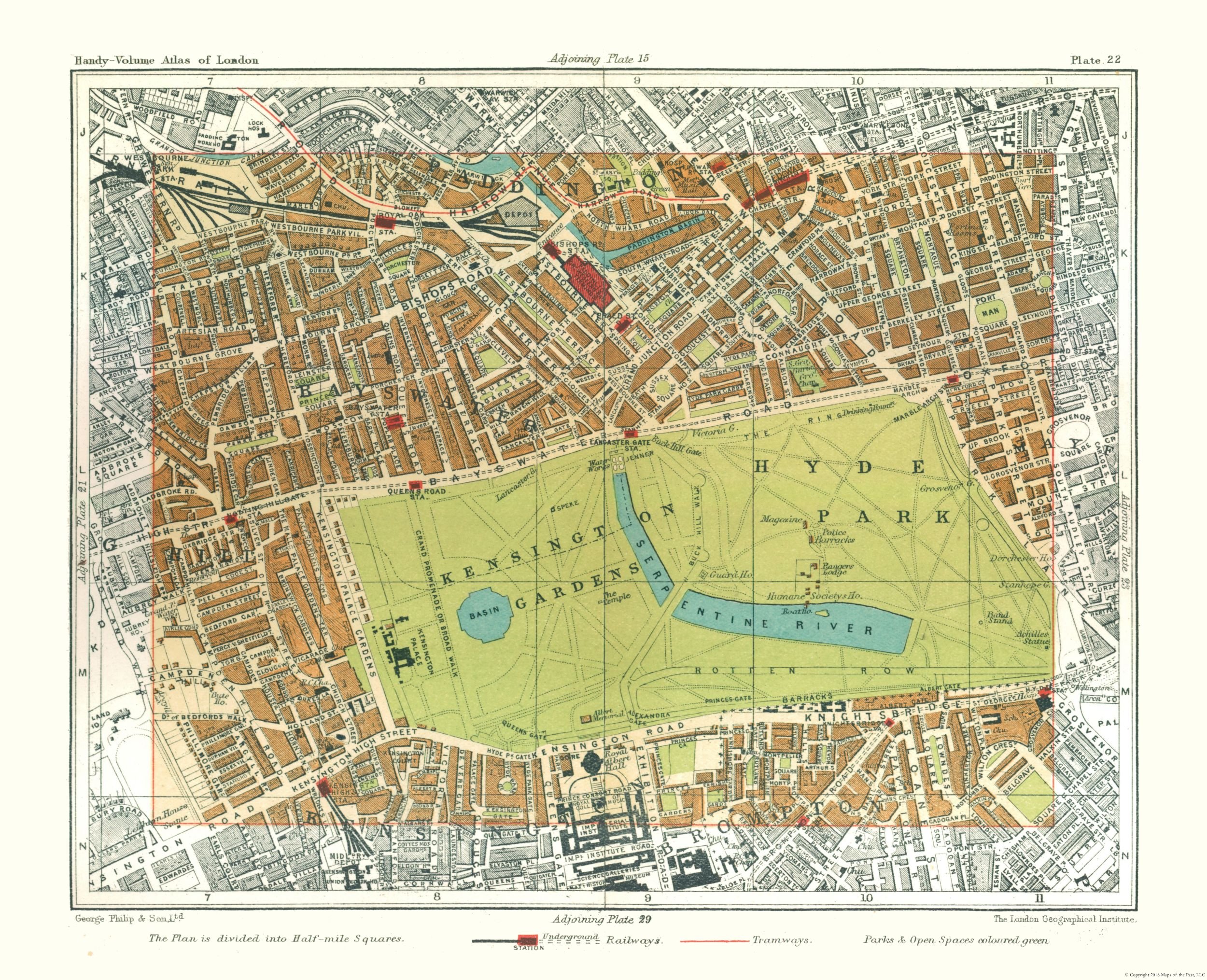 Vintage 1904 Historical Map of Hyde Park London England - Philip 23x28.32 Inch Matte Art Paper - Antique Wall Decor for Home & Office