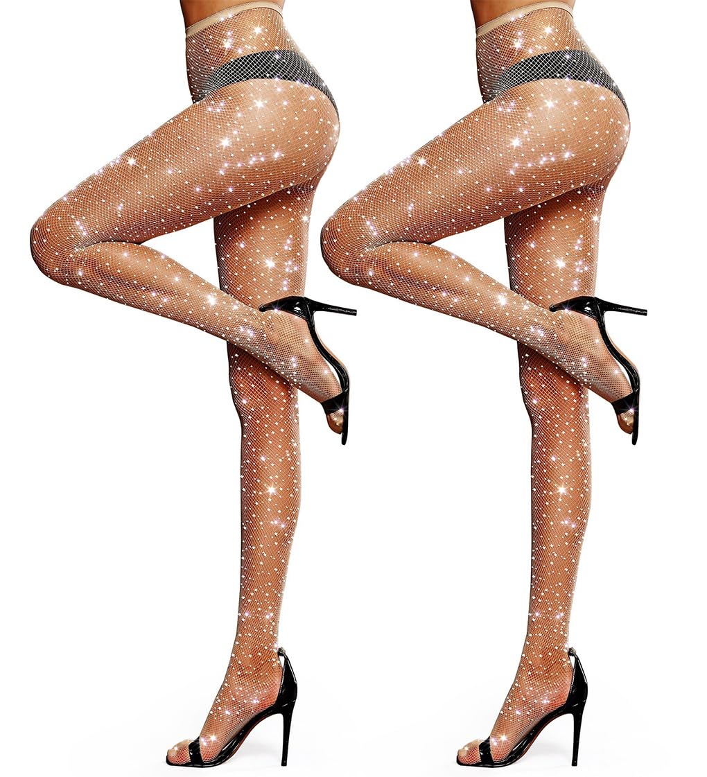 LUCKELF 2 Pairs Sexy High Waist Sparkle Rhinestone Fishnet Stockings - Women's Glam Party Tights for Nightclub, Halloween, Cosplay & Special Occasions