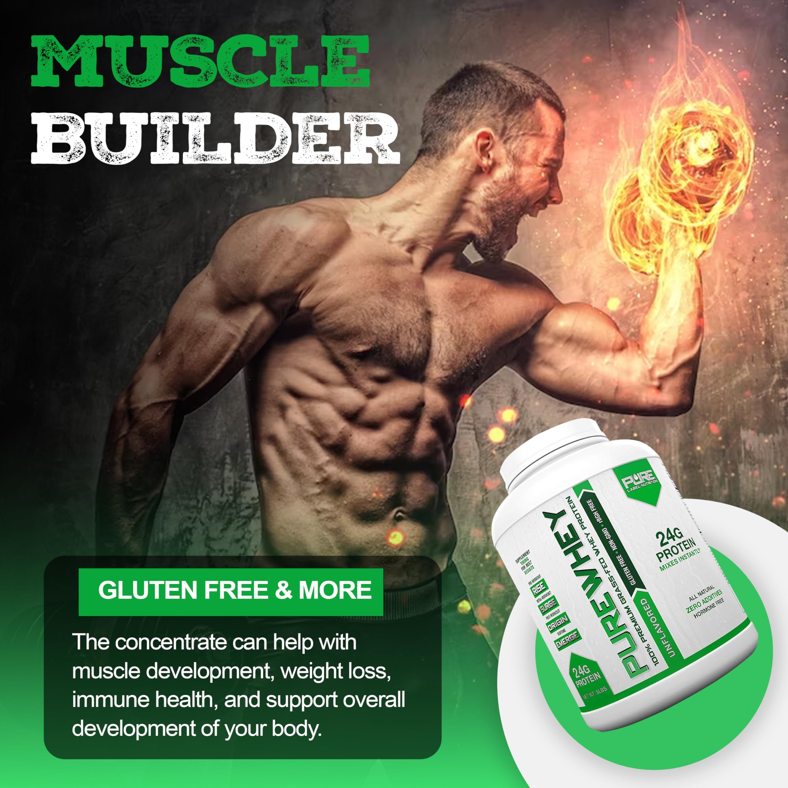 100% Grass-Fed Whey Protein Powder Concentrate - Unflavored, 24g Protein per Serving with Essential Amino Acids | Low Fat & Low Carb for Muscle Building & Workout Recovery | Pre & Post Workout Supplement | Ideal for Gym, Fitness & Bodybuilding - 5lbs Bag