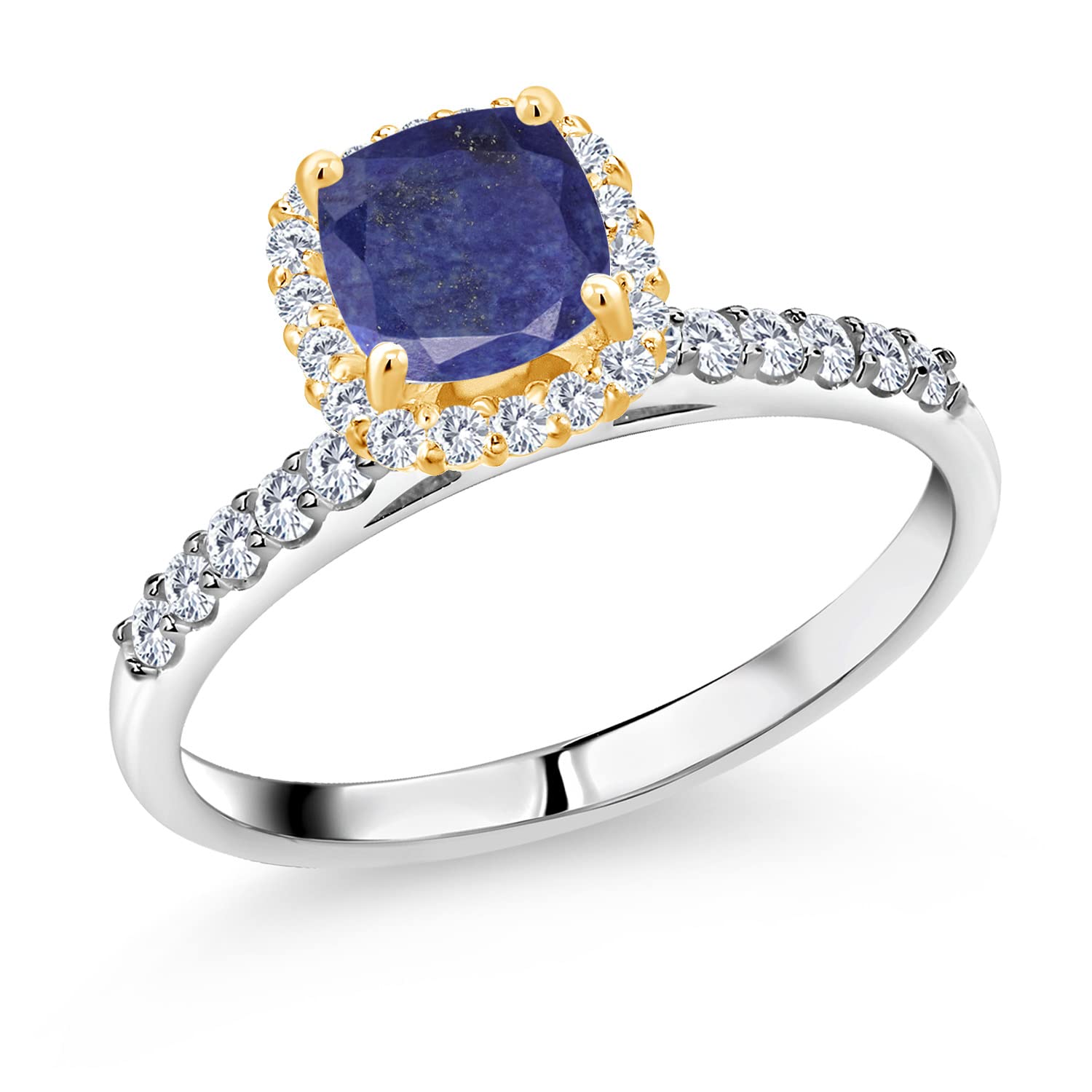 925 Sterling Silver & 10K Yellow Gold Cushion Cut Blue Lapis Moissanite Ring (1.63 CTTW) - Elegant Wedding Band, Anniversary Gift for Her, Perfect for Engagement & Special Occasions