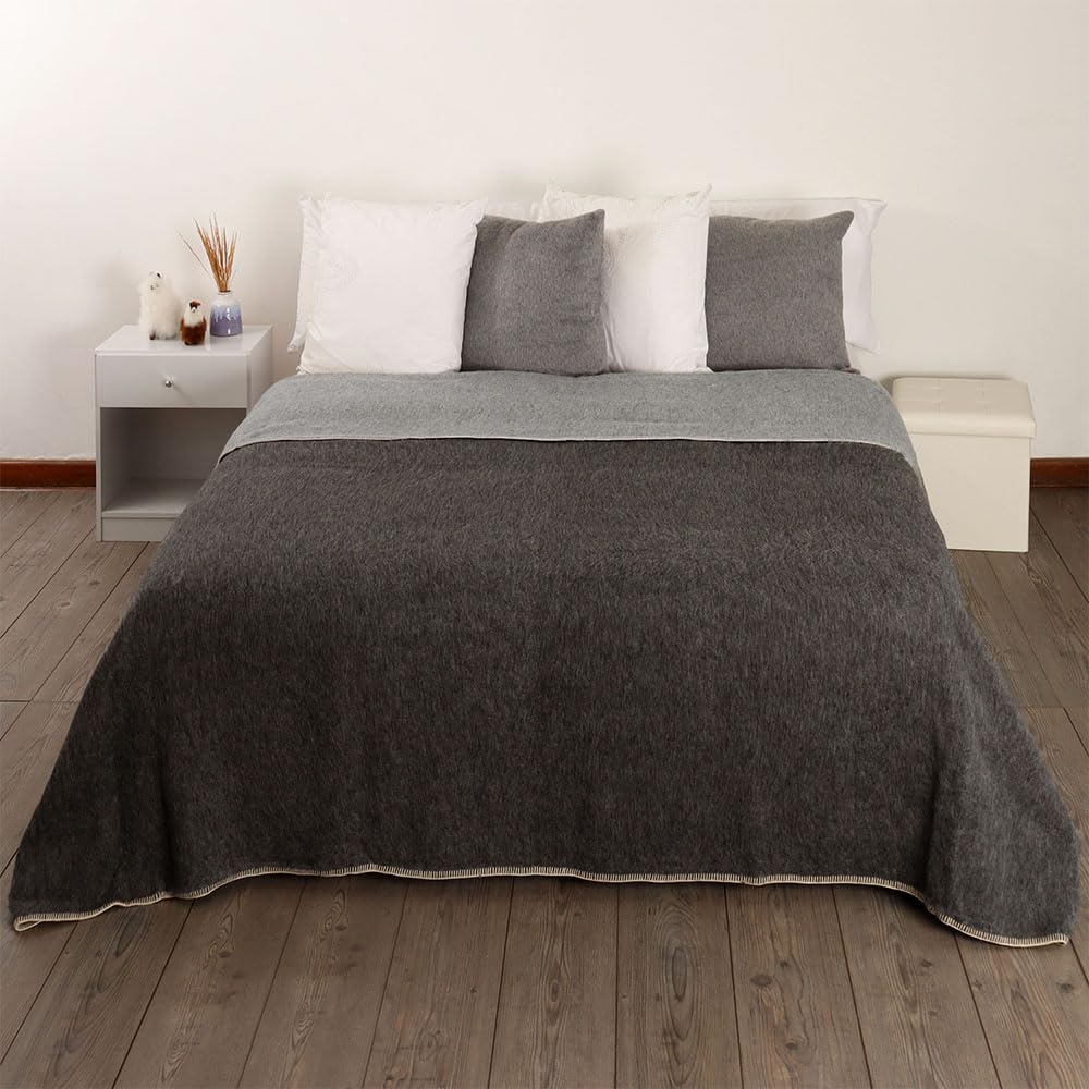 Premium Thick Alpaca Wool Blanket - Heavyweight Warm Winter Blanket for Camping, Hiking & Home Use | Ultra Soft Peruvian Alpaca Throw for Bed, Couch & Outdoor Adventures (Dark Gray/Soft Gray, King Size)