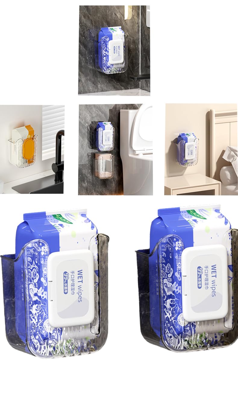 Self-Adhesive Flushable Wipes Holder - Wall Mounted Bathroom & Kitchen Tissue Dispenser, Non-Slip Wipes Storage Box for Toilet & Countertop (White+Gray) - Perfect for Home, Office & RV Use