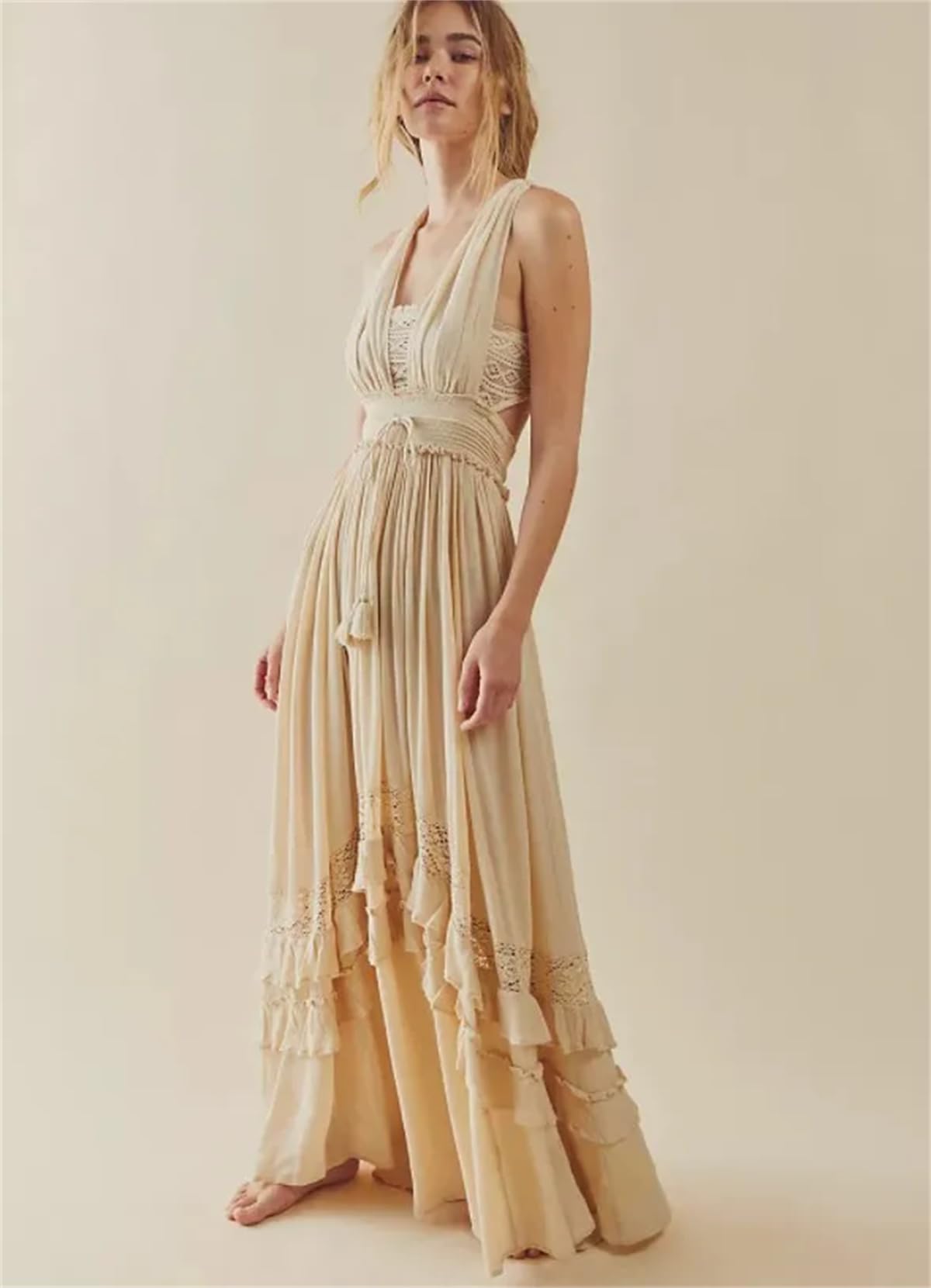 Women's Summer Sleeveless Beach Maxi Dress - Sexy Boho Floral Lace Ruffled Sundress for Vacation, Party & Date Night | Lightweight Comfortable Casual Dress