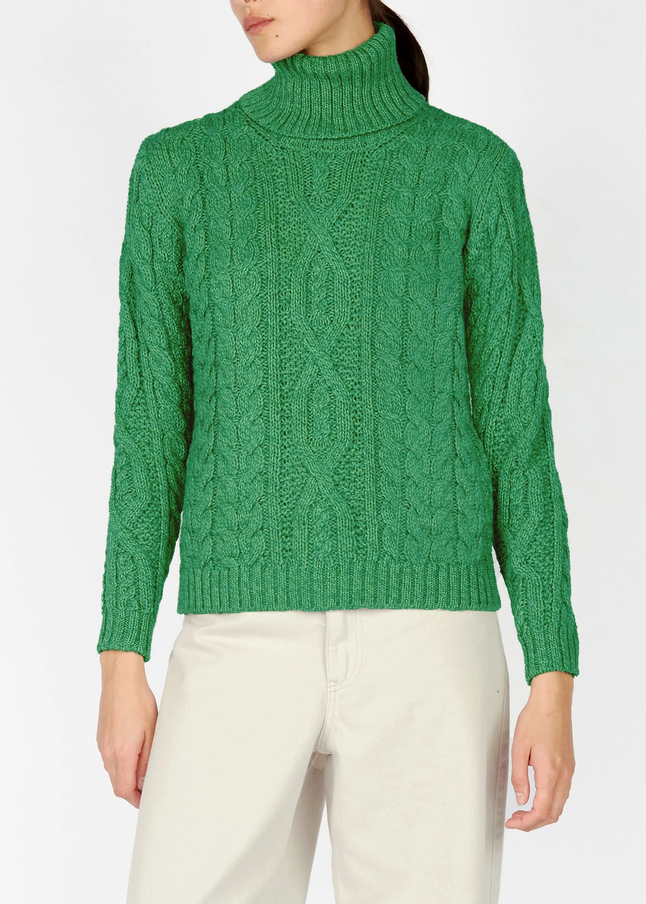 Ireland's Eye Polo Neck Aran Sweater for Men & Women | Green Marl Knit Wool Sweater | Warm Winter Pullover for Outdoor Activities & Casual Wear