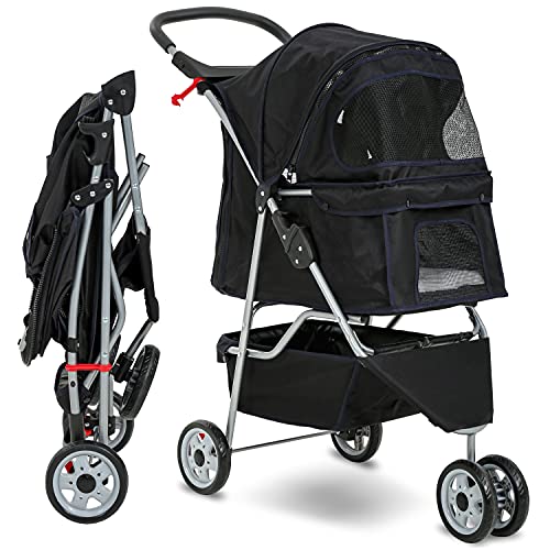 HCY 3-Wheel Folding Dog Stroller for Small & Medium Pets - Lightweight Pet Carrier with Storage Basket & Cup Holder (35x17x38 Inch, Black) - Perfect for Outdoor Walks, Park Visits & Shopping Trips