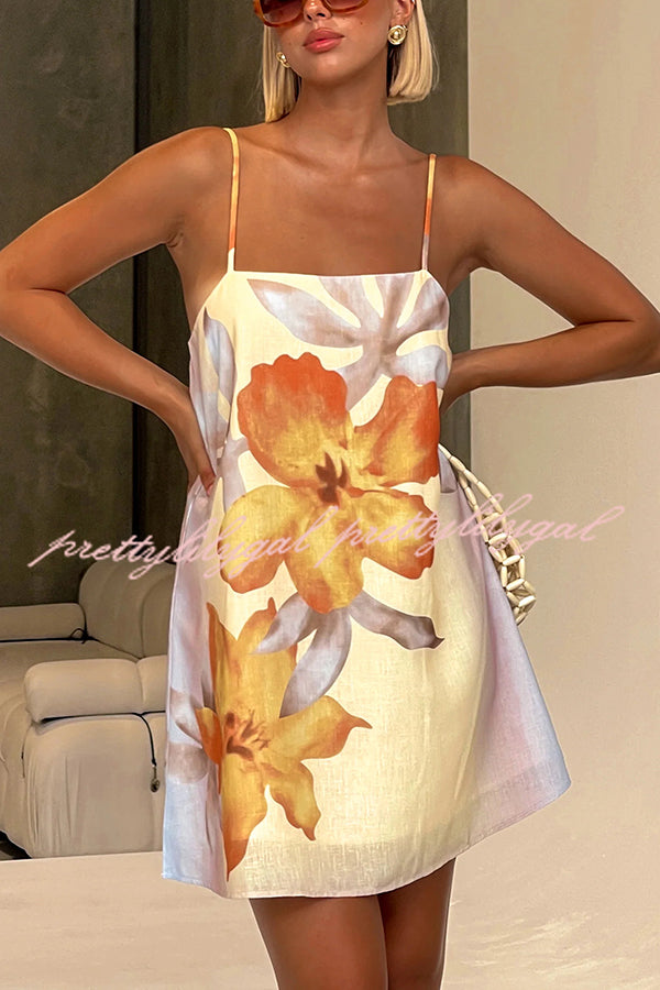 Floral Print Linen Blend Slip Mini Dress - Summer H-Line Dress for Women | Perfect for Beach Vacations, Brunch Dates & Casual Outings