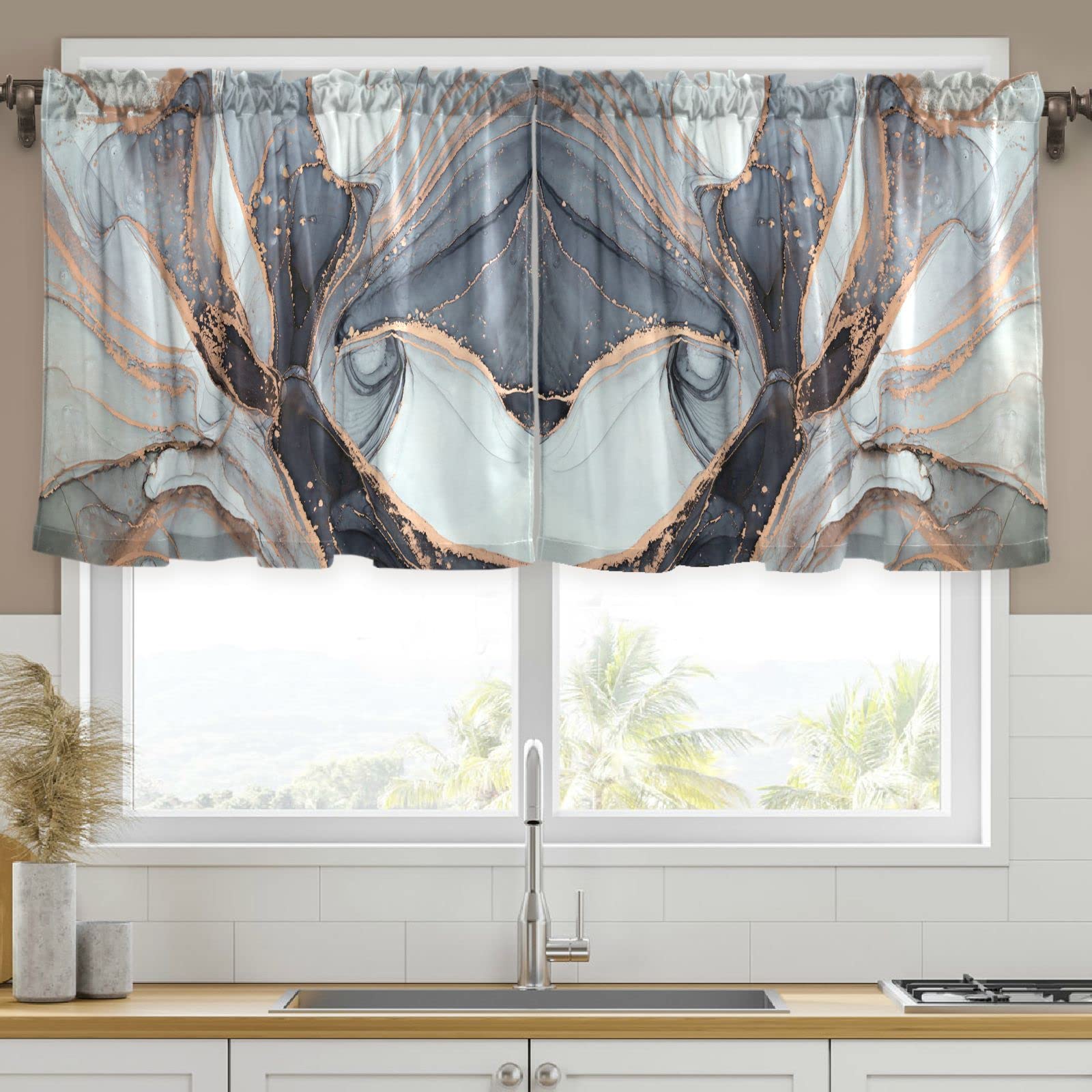 DOMIKING Fluid-Art Kitchen Curtains Set with Valance - 57x36 Inch Rod Pocket Short Window Drapes for Bathroom, Bedroom & Living Room - Farmhouse Decor for Cozy Home & Rustic Style
